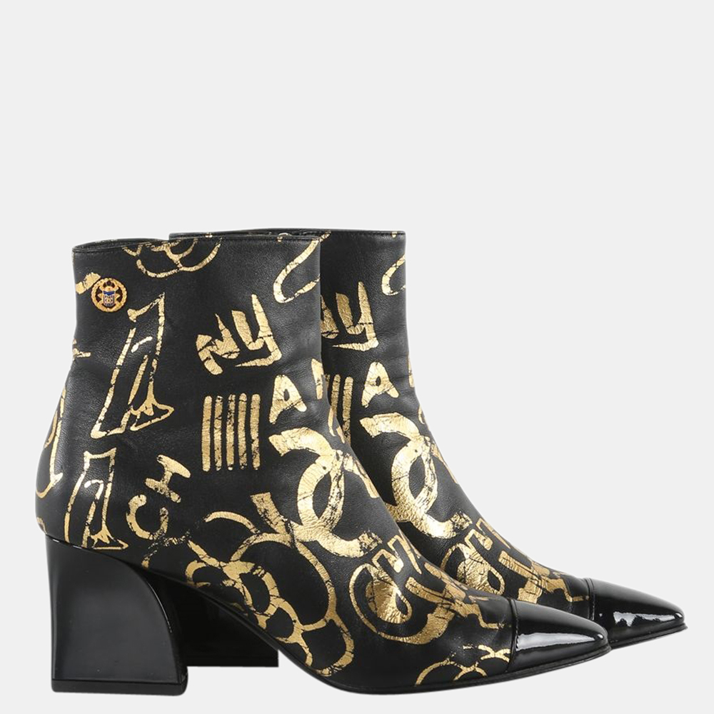 

Chanel Black and Metallic Gold Leather Paris-New York Graffiti Boots Size EU