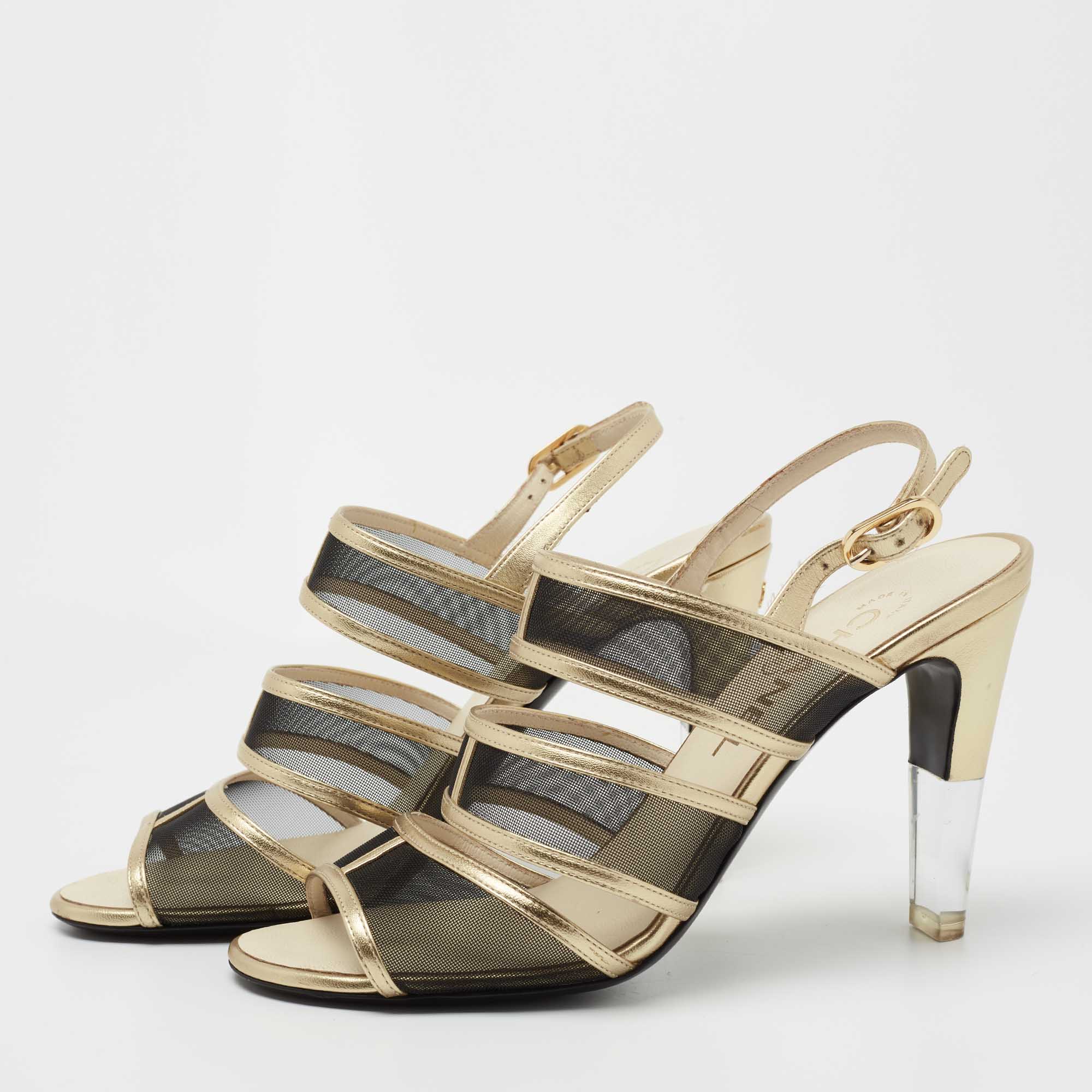 

Chanel Gold/Black Mesh and Leather Open Toe Slingback Sandals Size