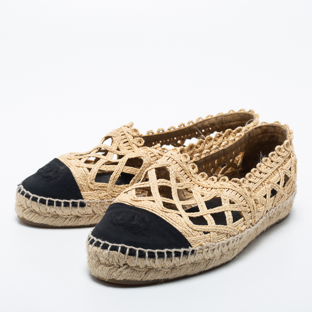 

Chanel Black/Beige Jute And Canvas CC Cap Toe Espadrilles Flats Size