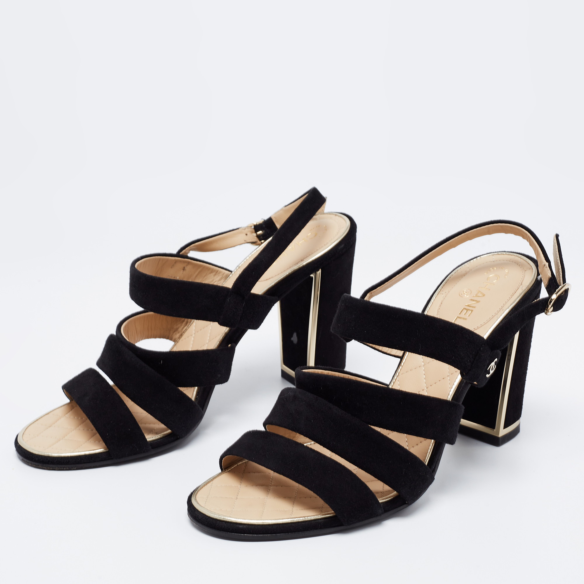 

Chanel Black Suede Block Heel Ankle Strap Sandals Size