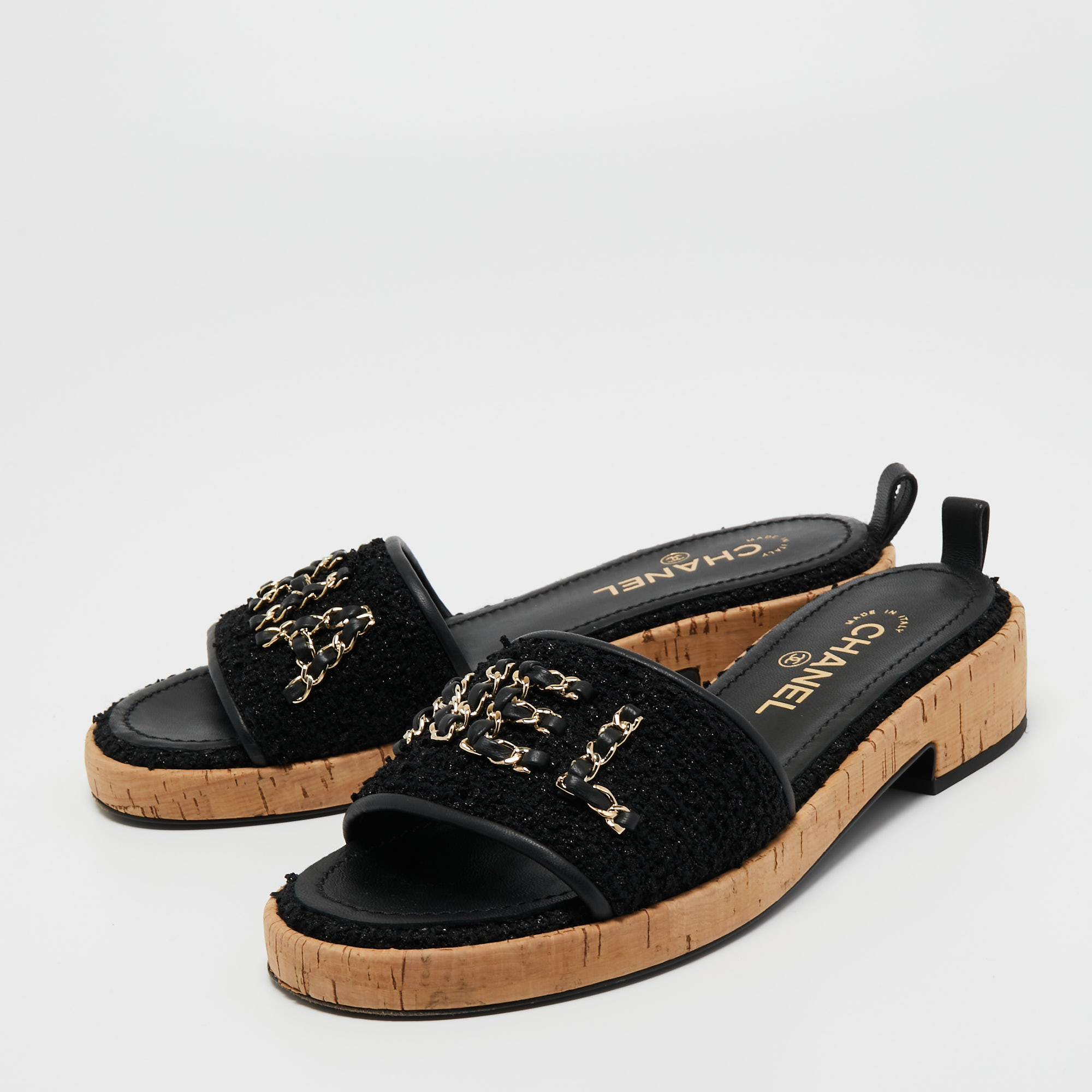 

Chanel Black Tweed And Leather Chain Link Cork Slides Size
