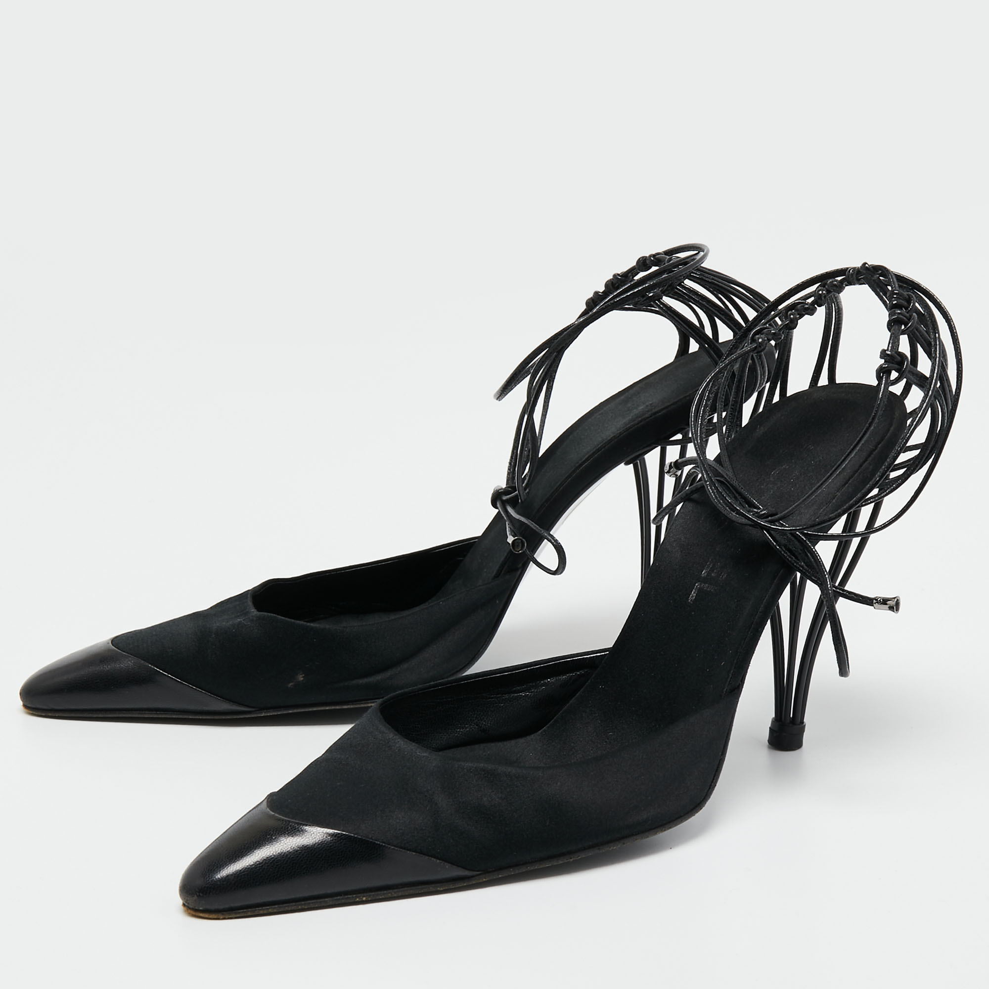 

Chanel Black Satin and Leather Ankle Wrap Pumps Size
