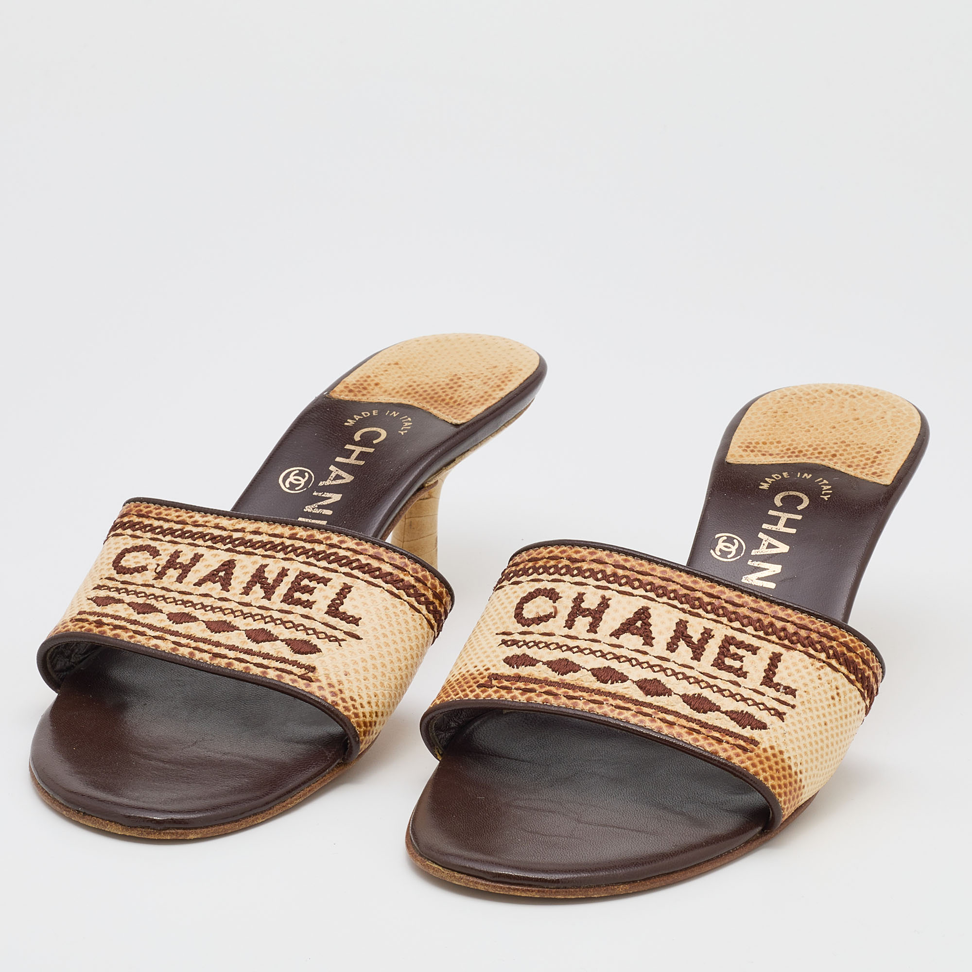 

Chanel Beige/Brown Karung Logo Embroidered Slide Sandals Size