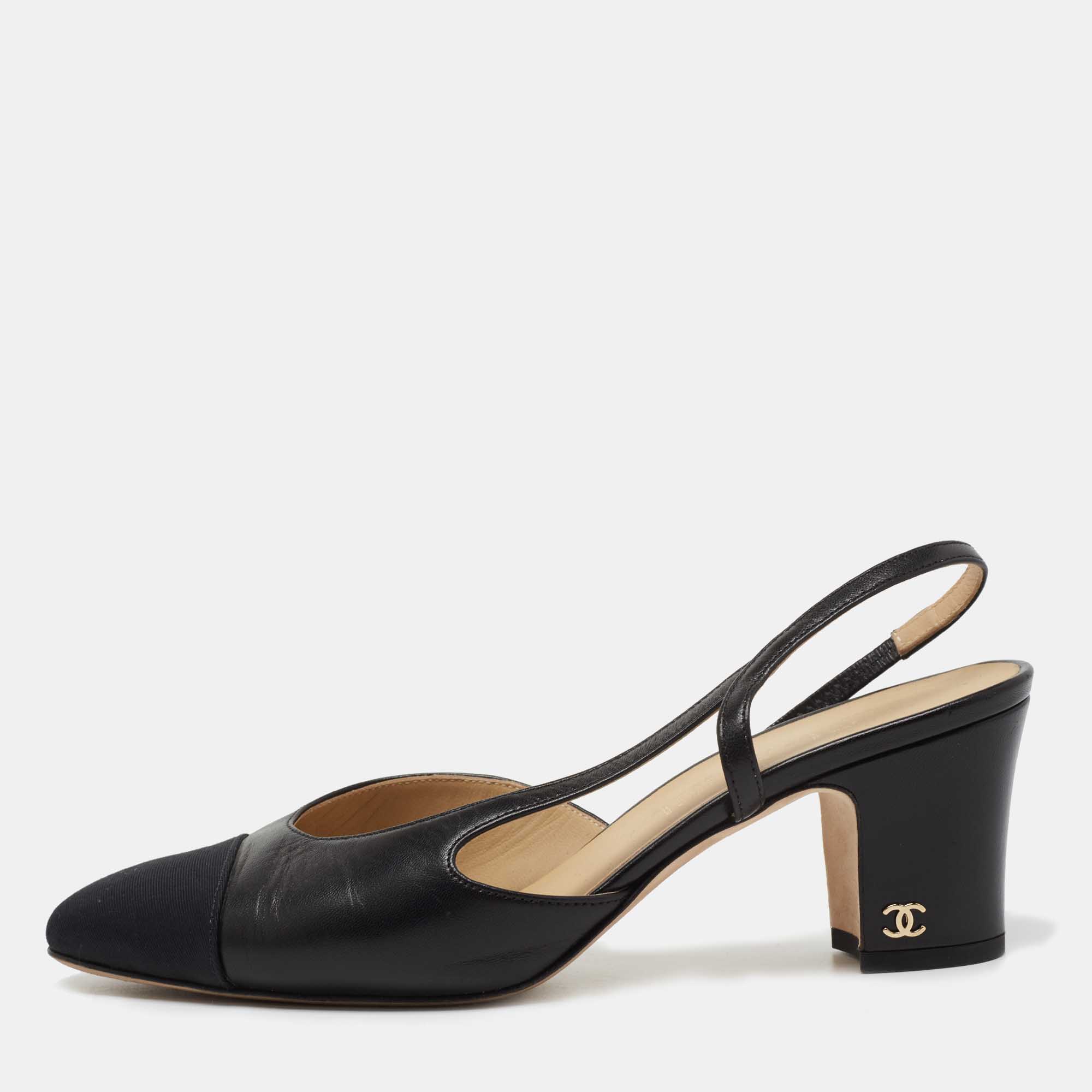 Pre Owned Chanel Black Leather CC Cap Toe Block Heel Slingback  Pumps Size 37