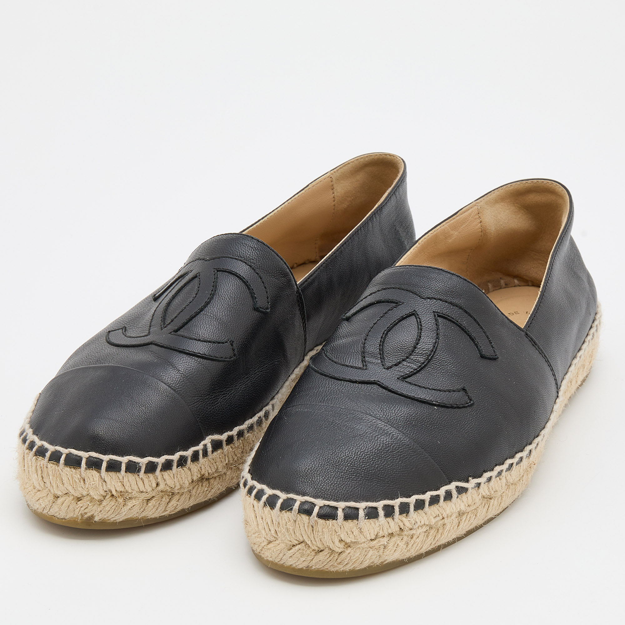 

Chanel Black Leather CC Cap Toe Espadrille Flats Size