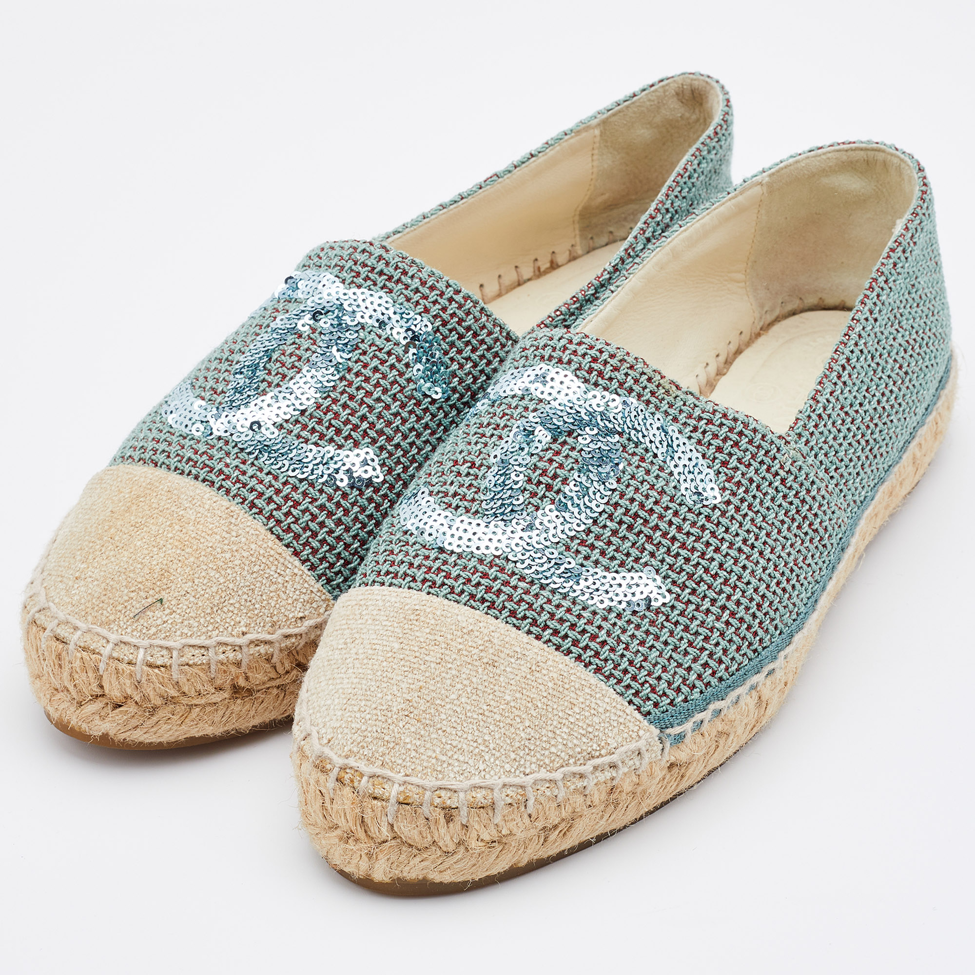 

Chanel White/Turquoise Tweed/Canvas and Sequins CC Espadrilles Size, Blue