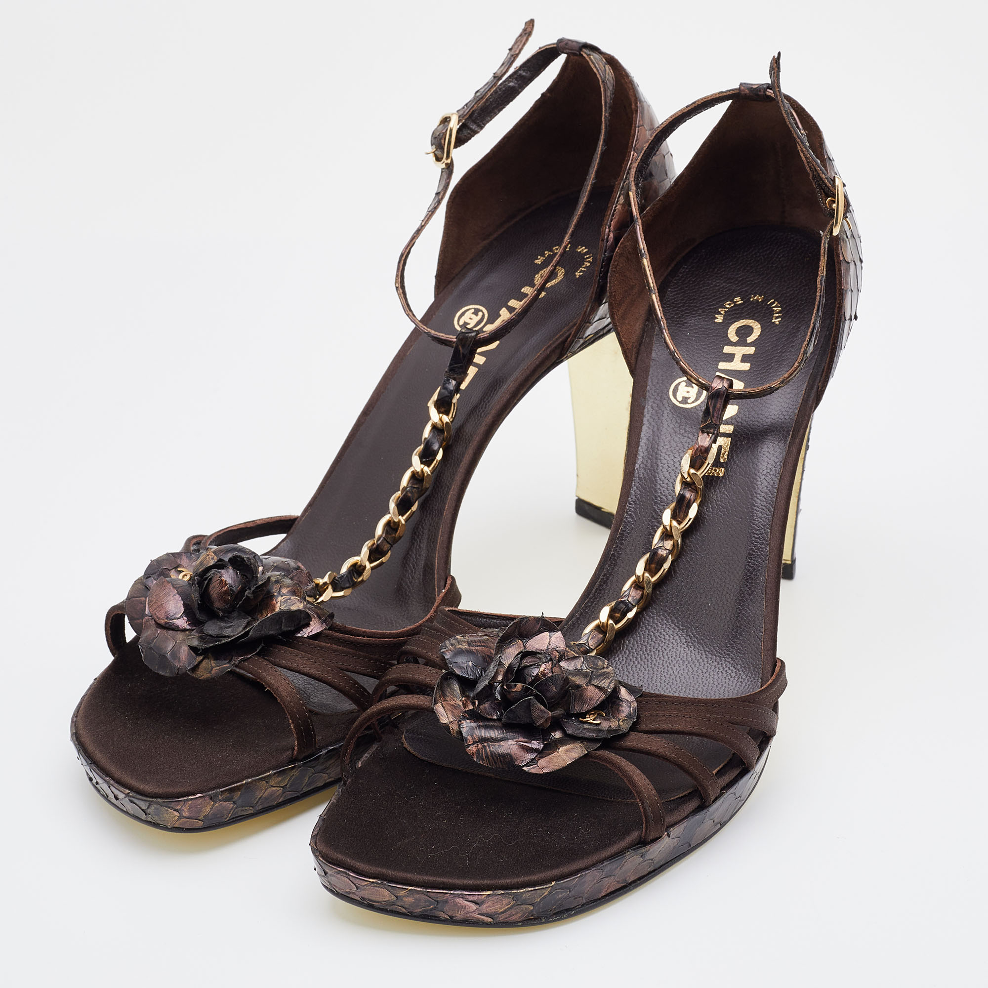 

Chanel Multicolor Satin and Python CC T-Strap Sandals Size