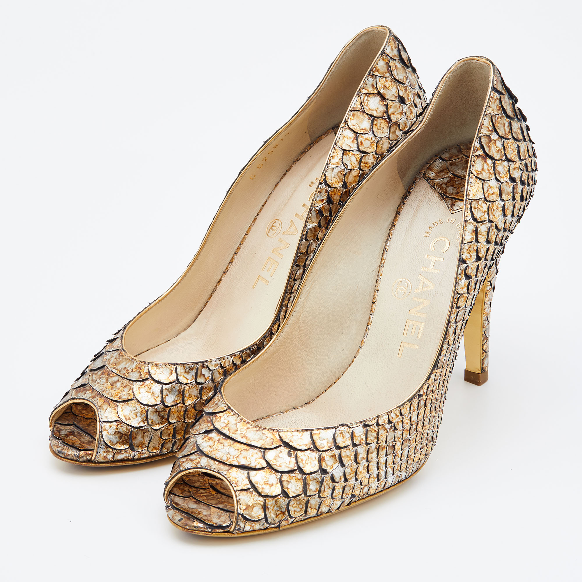 

Chanel Metallic Gold/Silver Python Peep Toe Pumps Size