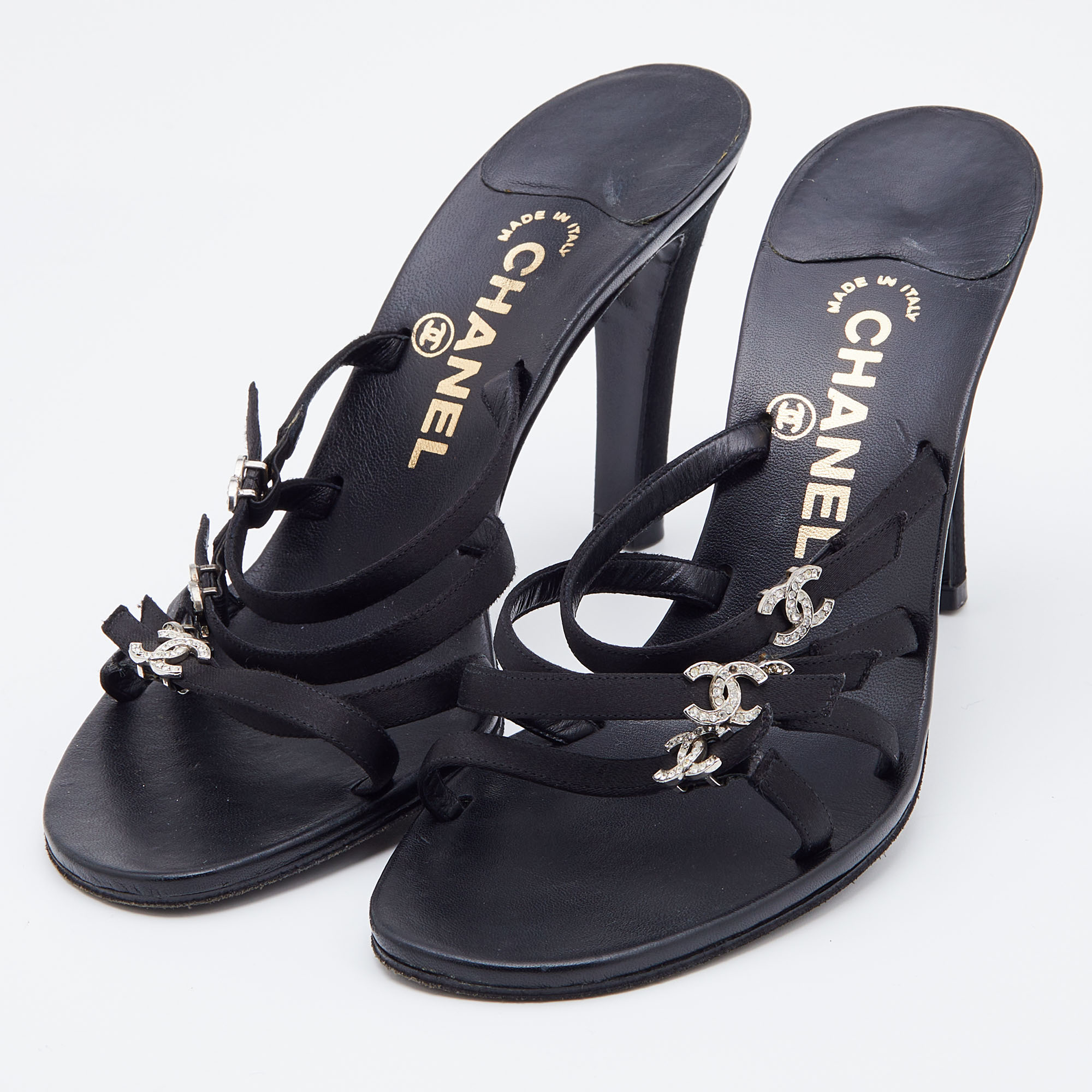 

Chanel Black Satin CC Embellished Strappy Slide Sandals Size