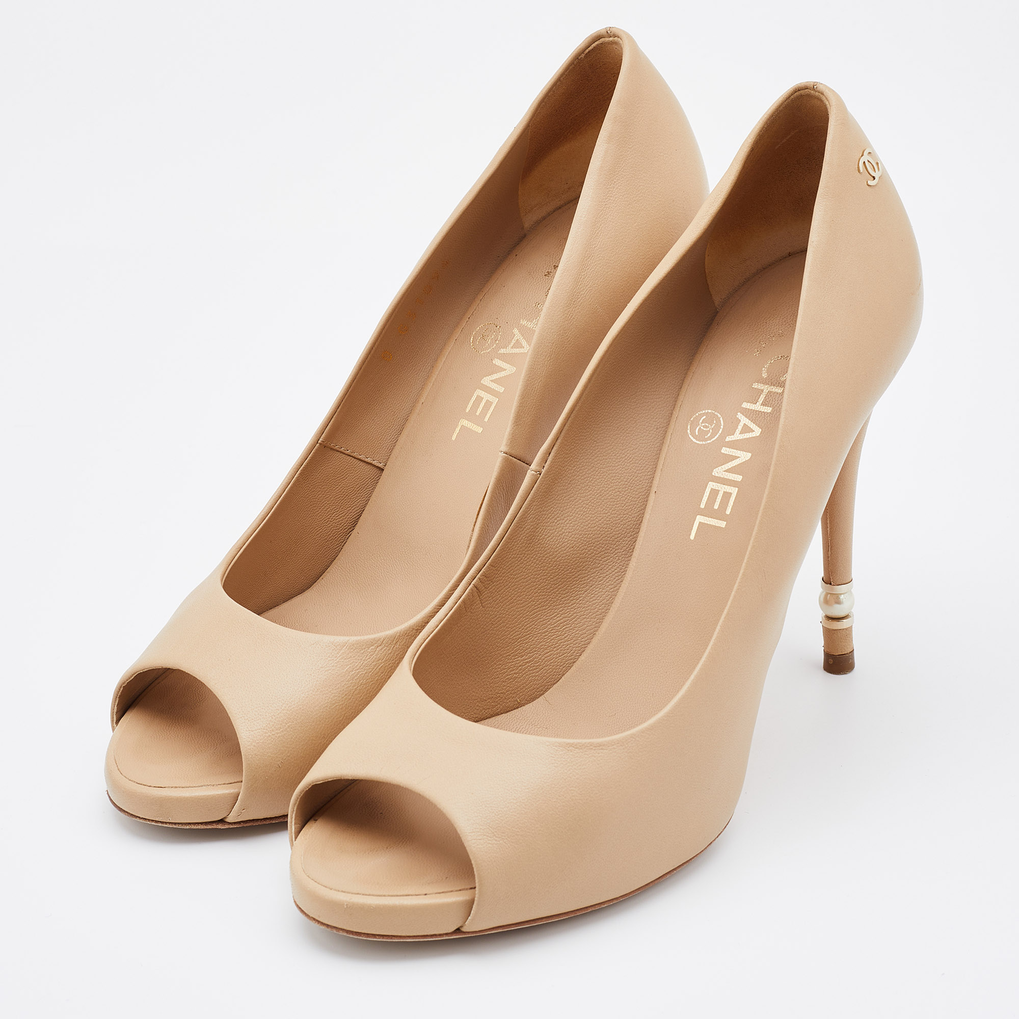

Chanel Beige Leather CC Open Toe Pearl Heel Pumps Size