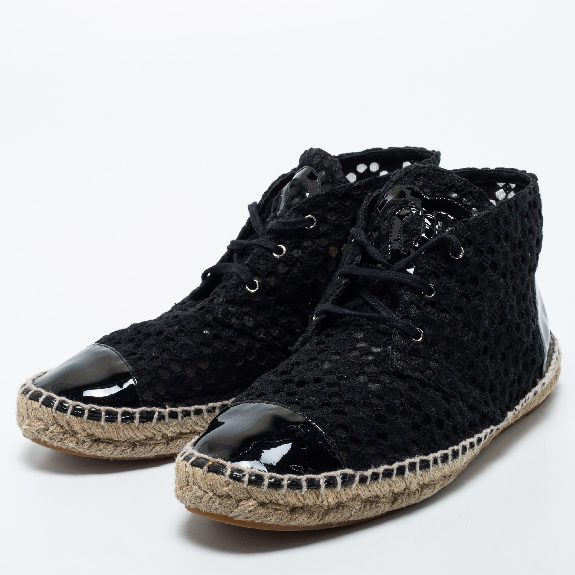 

Chanel Black Lace And Patent Leather Cap Toe High Top Espadrille Sneakers Size