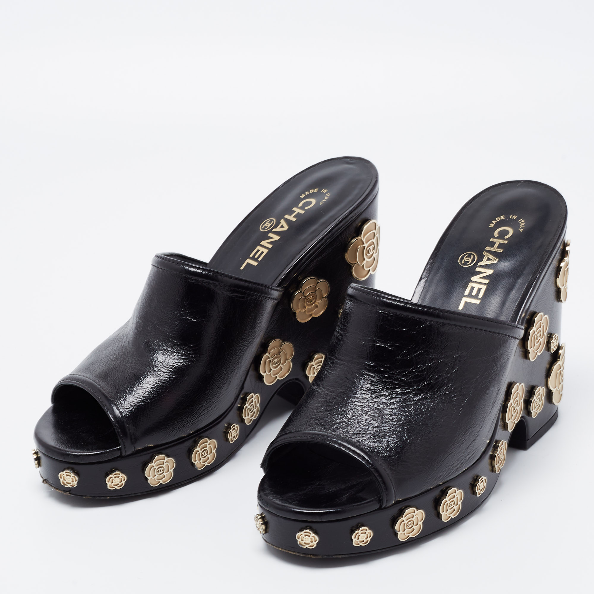 

Chanel Black Leather Camellia Embellished Platform Wedge Slide Sandals Size