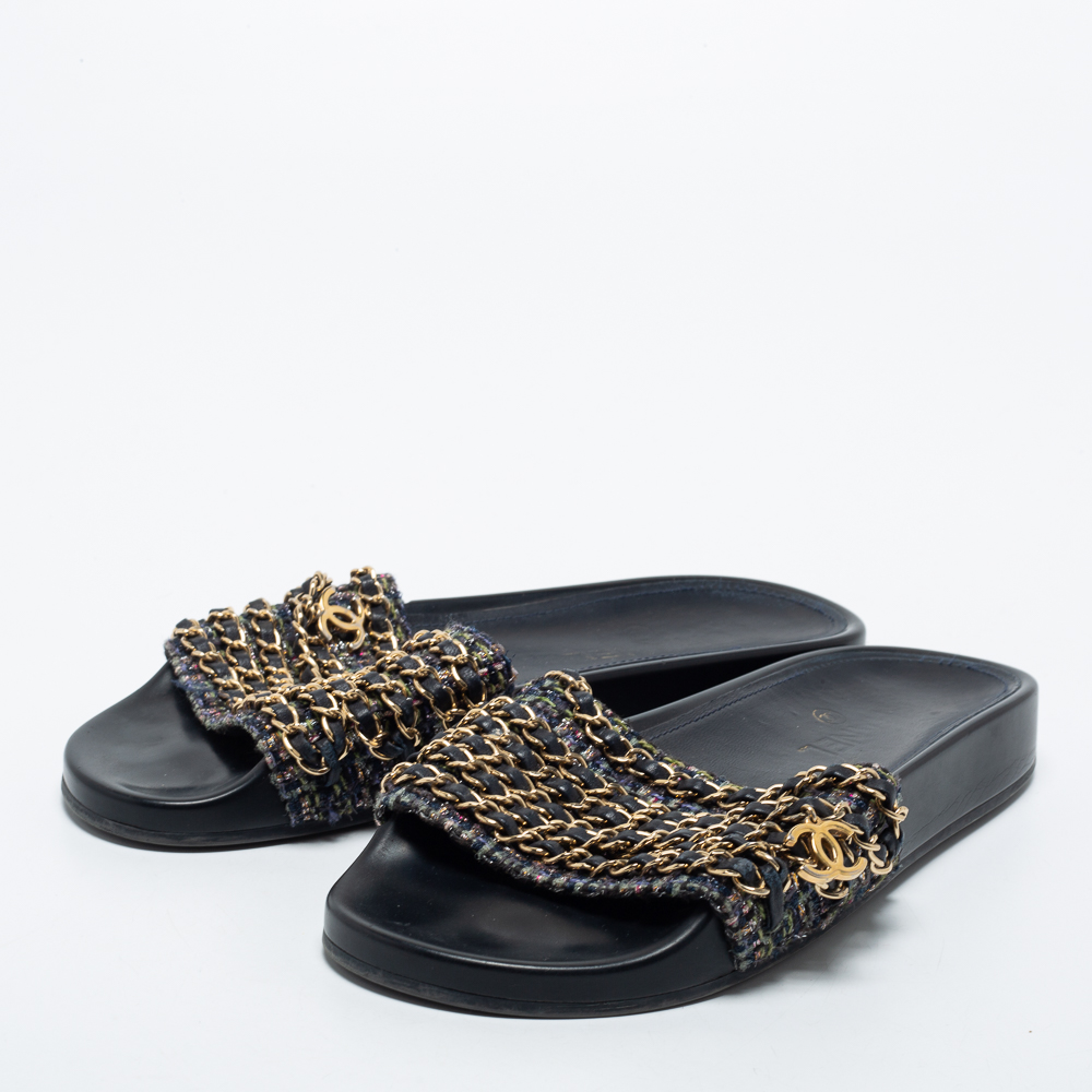 

Chanel Black Tweed Tropiconic Chain Flat Slides Size