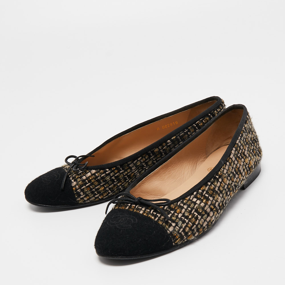 

Chanel Tricolor Tweed and Fabric CC Cap Toe Bow Ballet Flats Size, Black