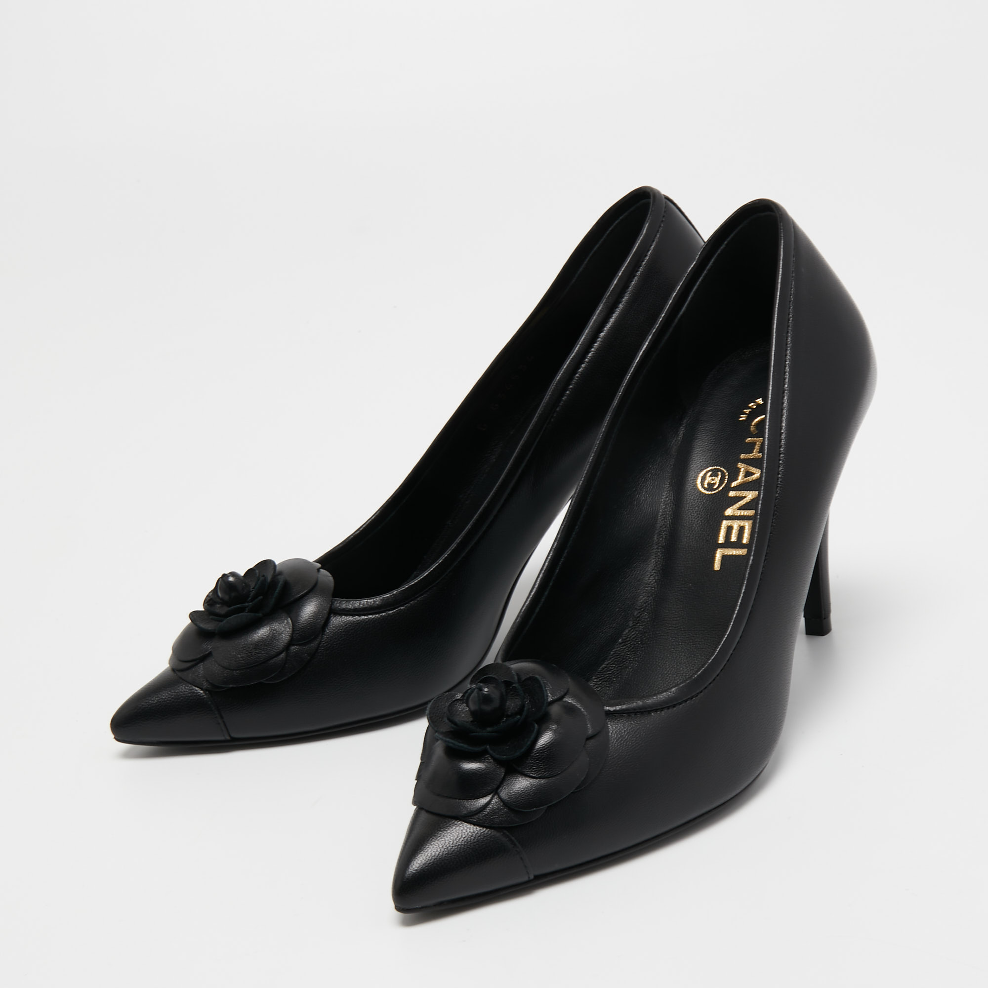 

Chanel Black Leather Camellia Pumps Size