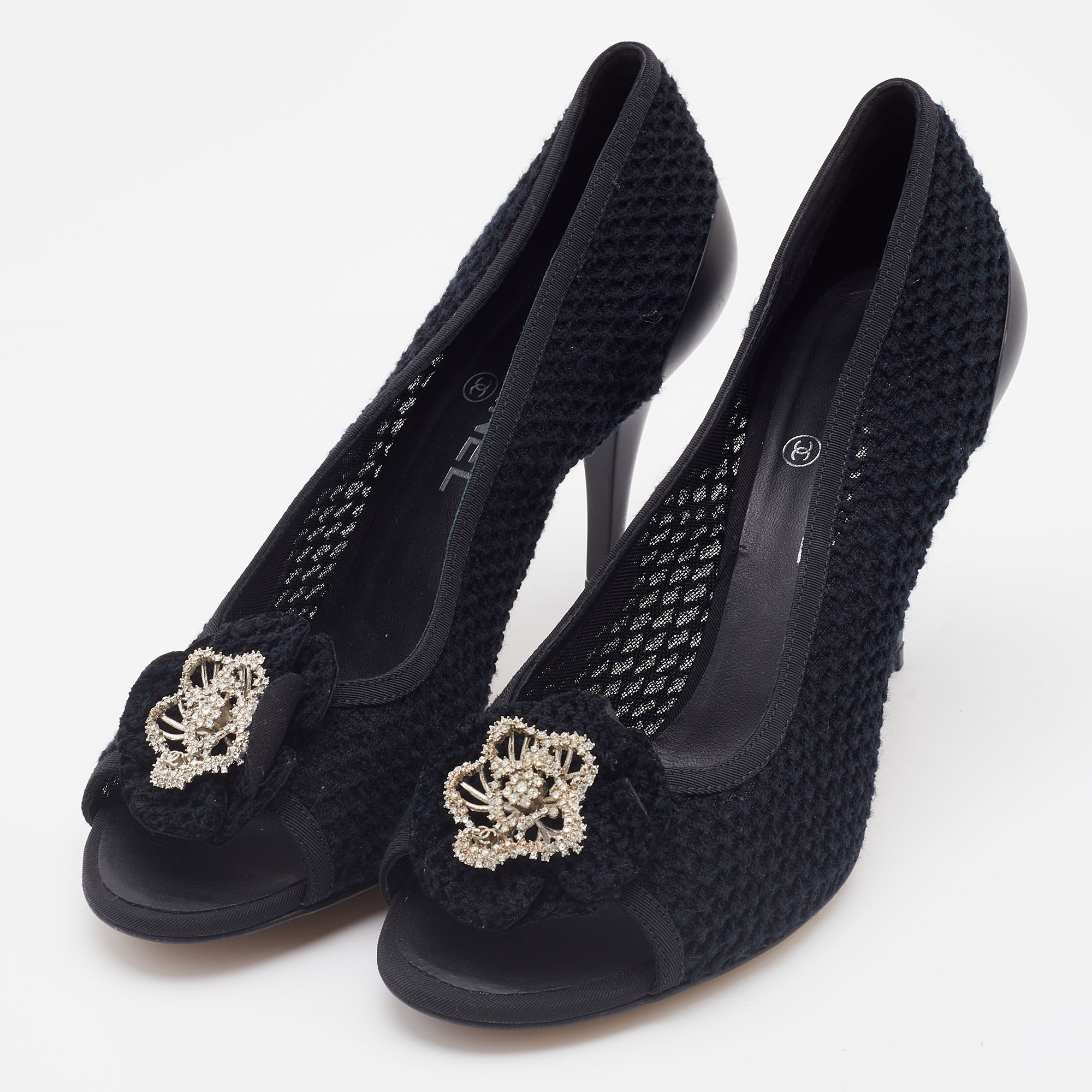 

Chanel Black Knit Fabric CC Camellia Crystal Embellished Open Toe Pumps Size