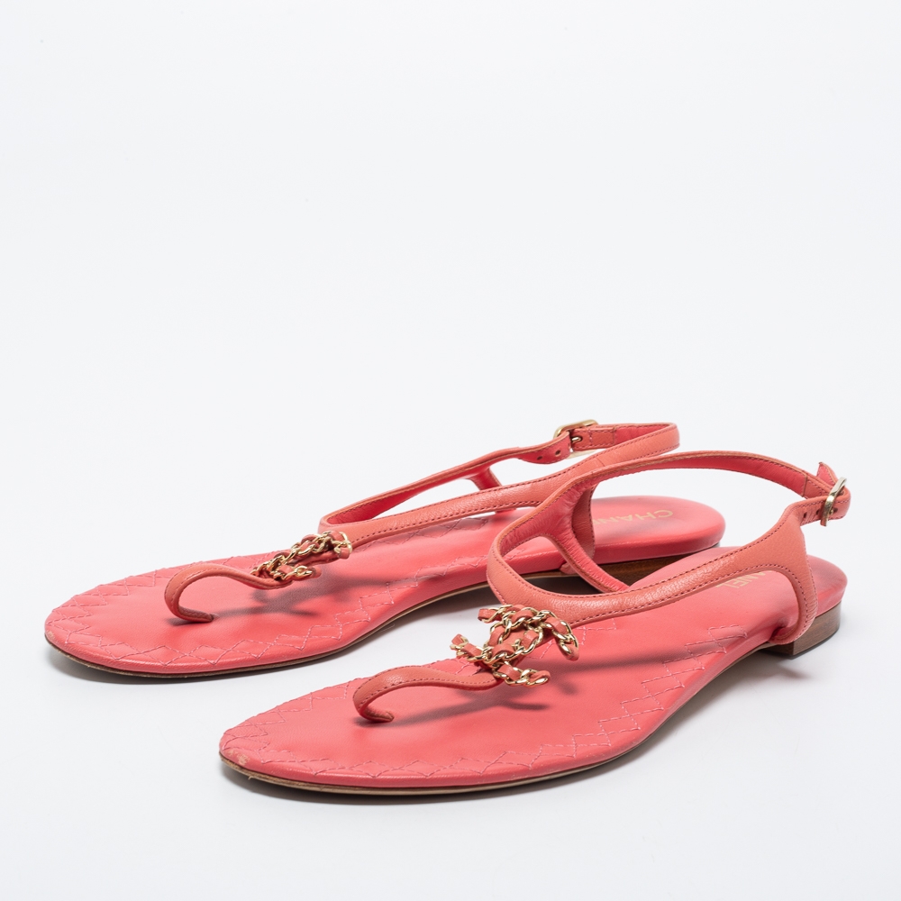 

Chanel Pink Leather CC Chain Flat Ankle Strap Sandals Size
