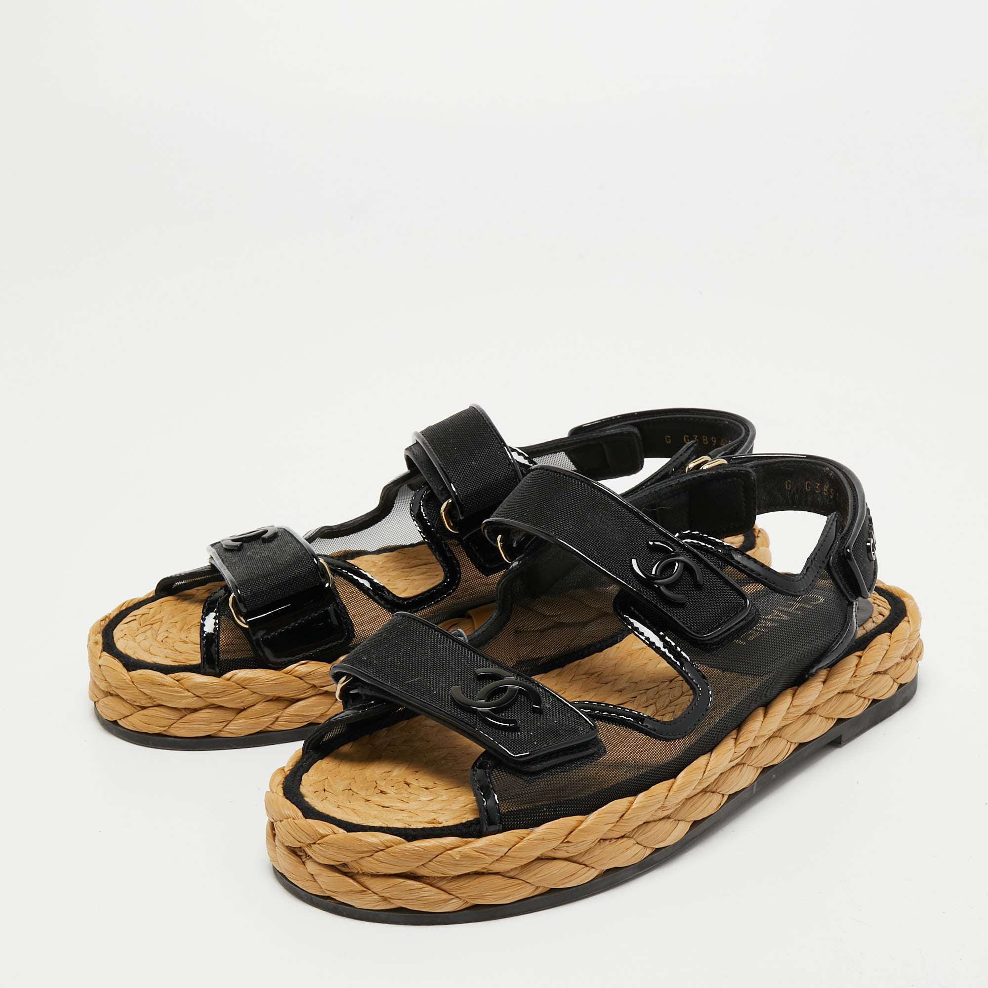 

Chanel Black Mesh and Patent Espadrilles Dad Sandals Size