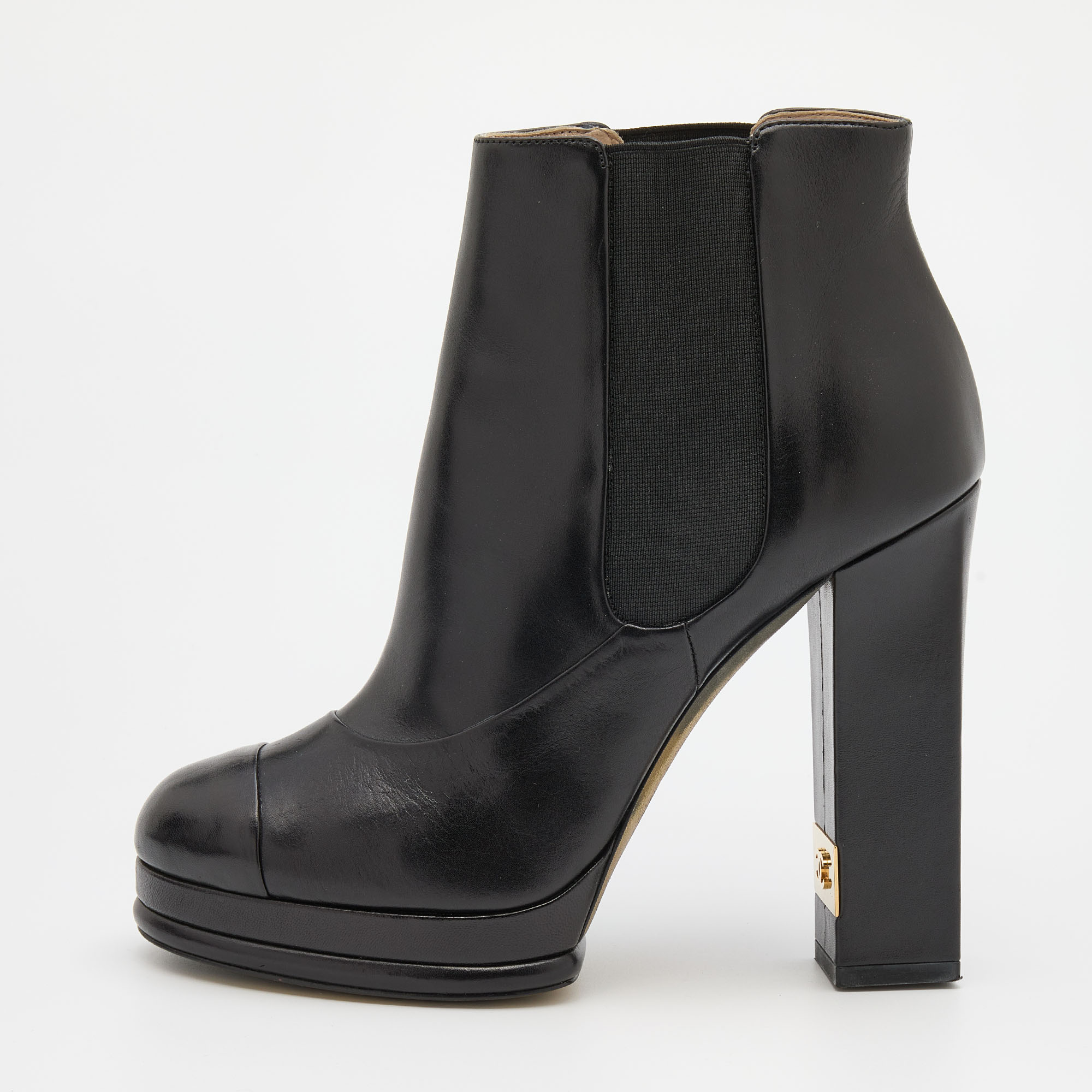 Pre-owned Chanel Black Leather Cc Cap Toe Block Heel Platform Chelsea Boots Size 39