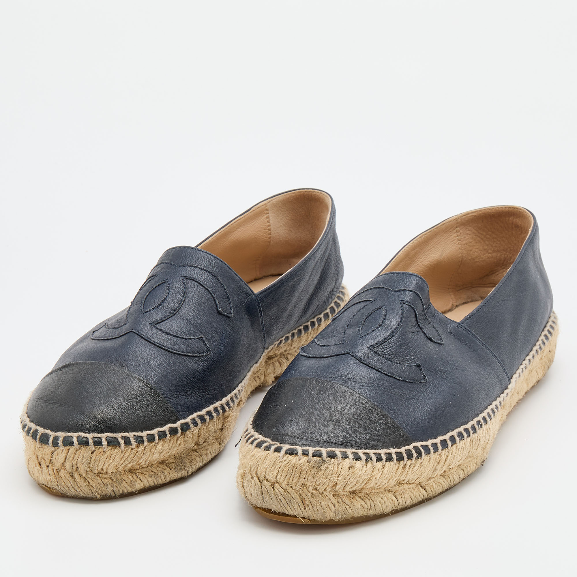 

Chanel Navy Blue/Black Leather CC Cap Toe Espadrille Flats Size
