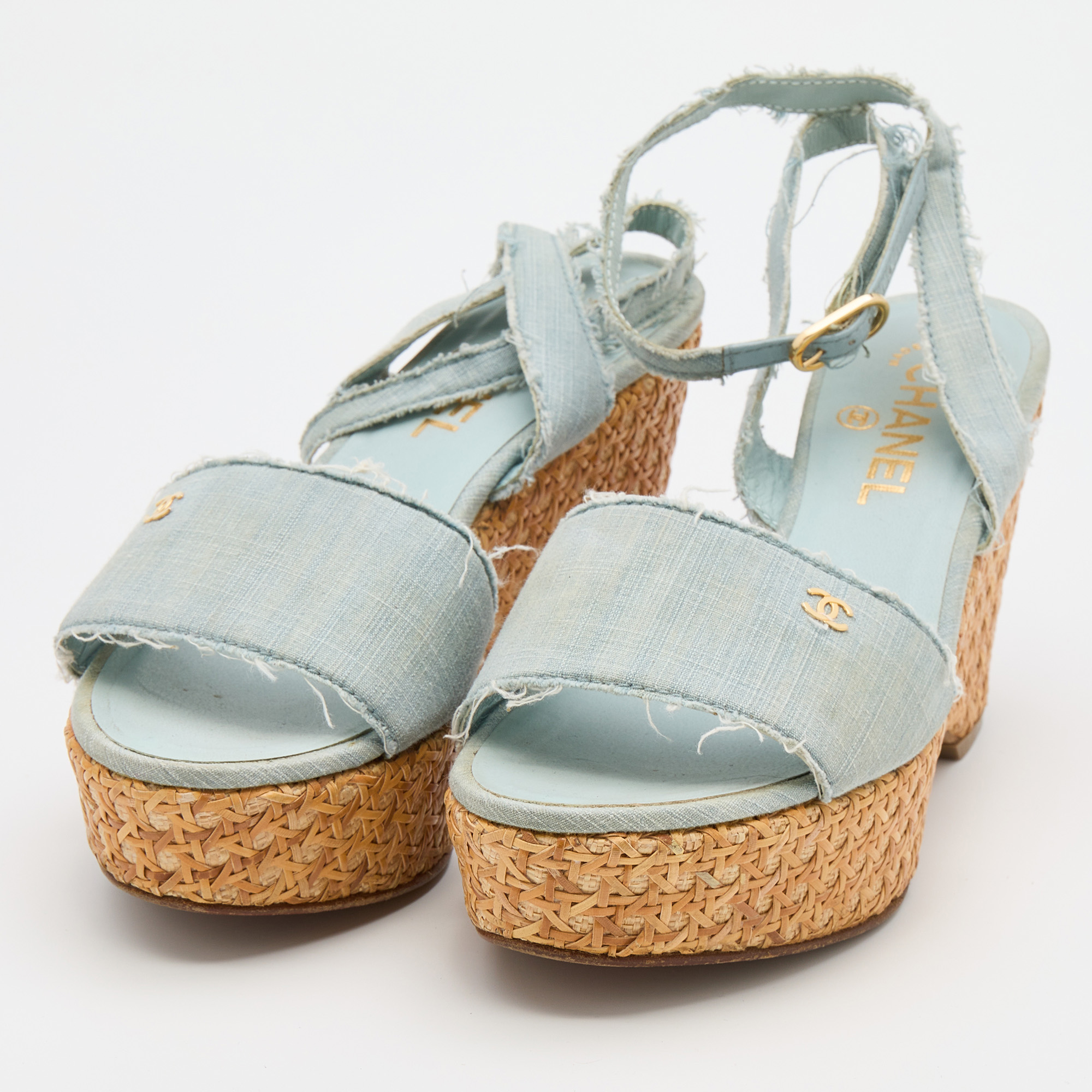 

Chanel Light Blue Denim Raffia Platform Wedge Ankle Strap Sandals Size