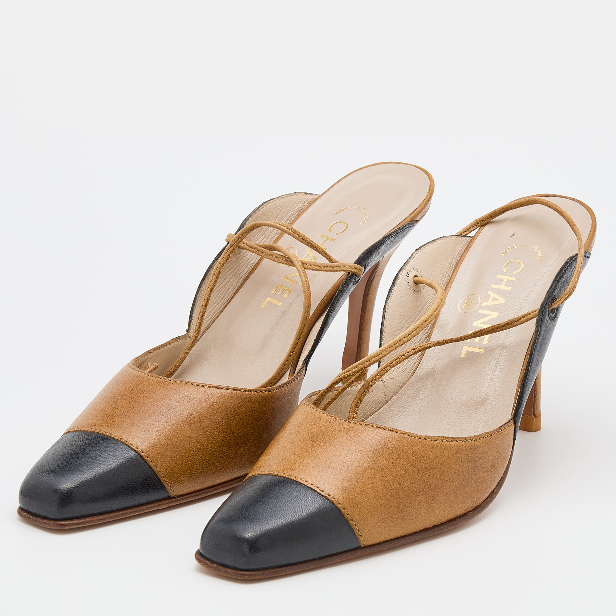 

Chanel Brown/Black Leather Ankle Wrap Mules Size
