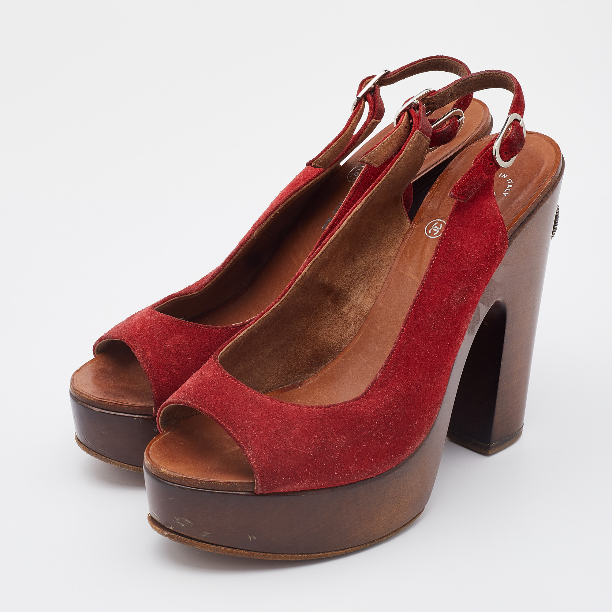 

Chanel Red Suede Wooden Block Heel Slingback Platform Pumps Size