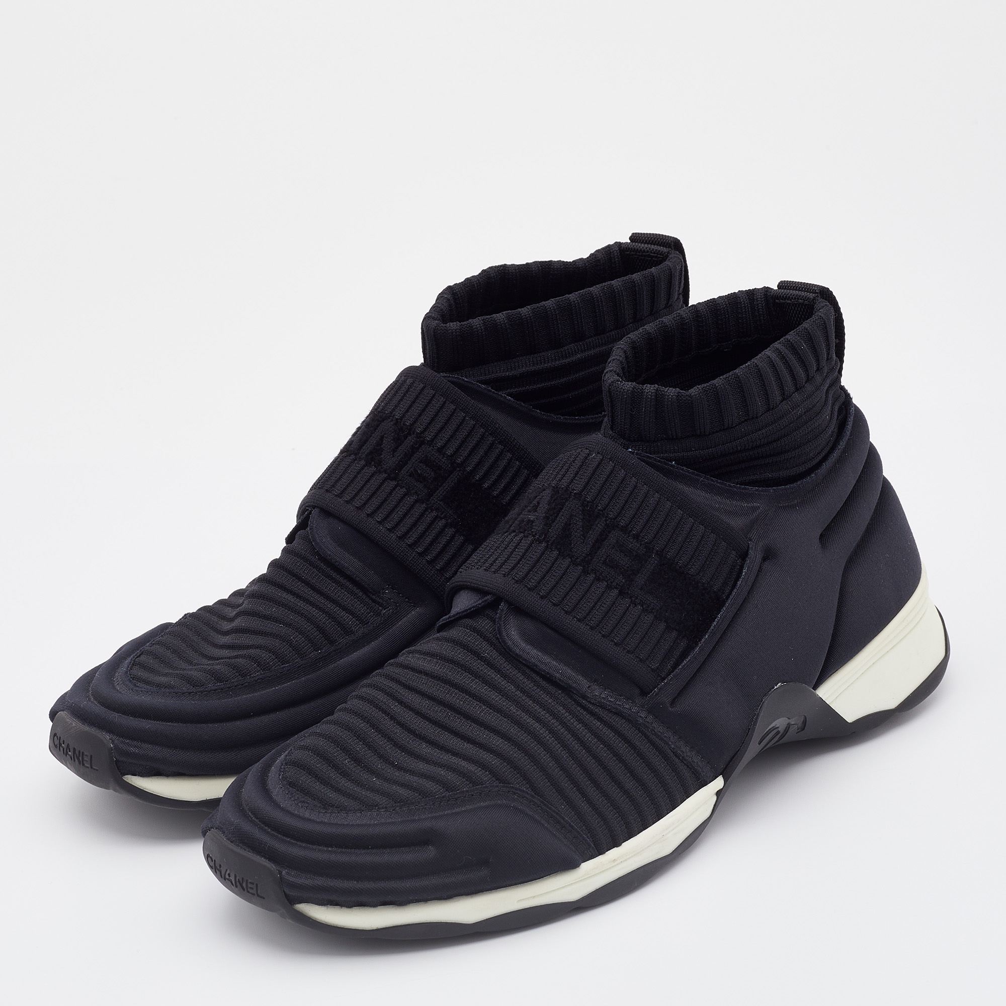 

Chanel Black/Navy Blue Stretch Fabric Slip On Sneakers Size