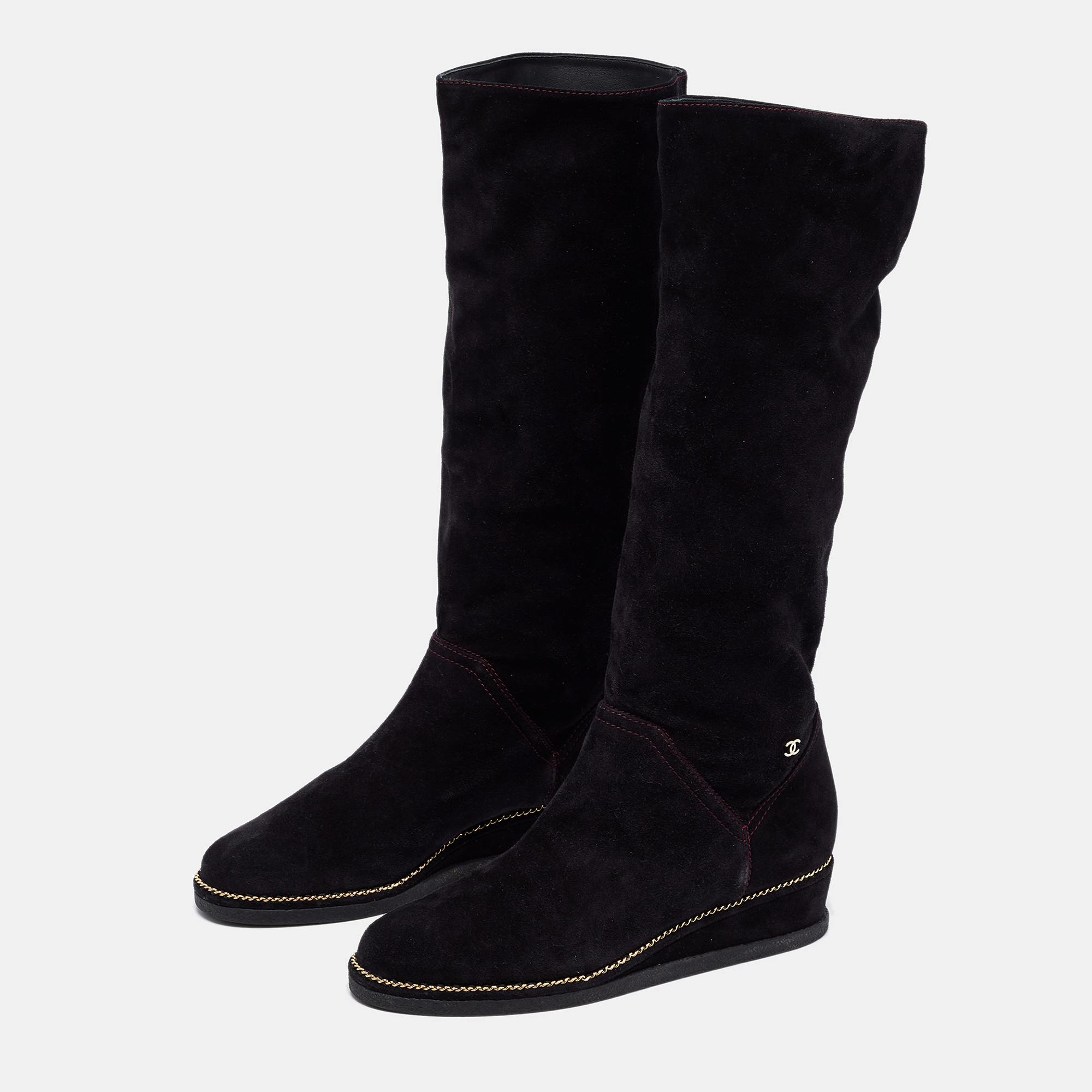 

Chanel Black Suede Wedge Knee Length Boots Size