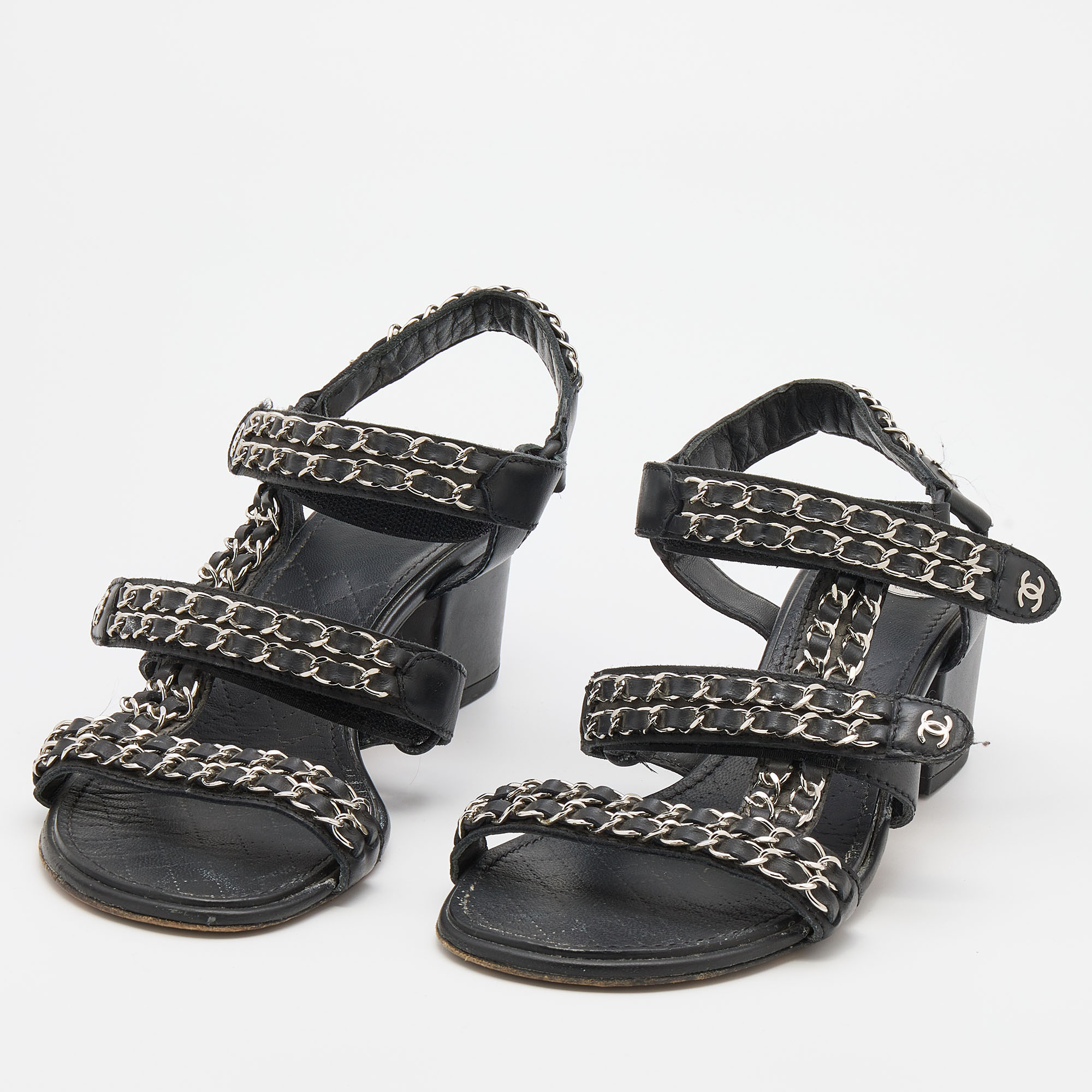 

Chanel Black Leather Chain Link Detail Ankle Strap Sandals Size