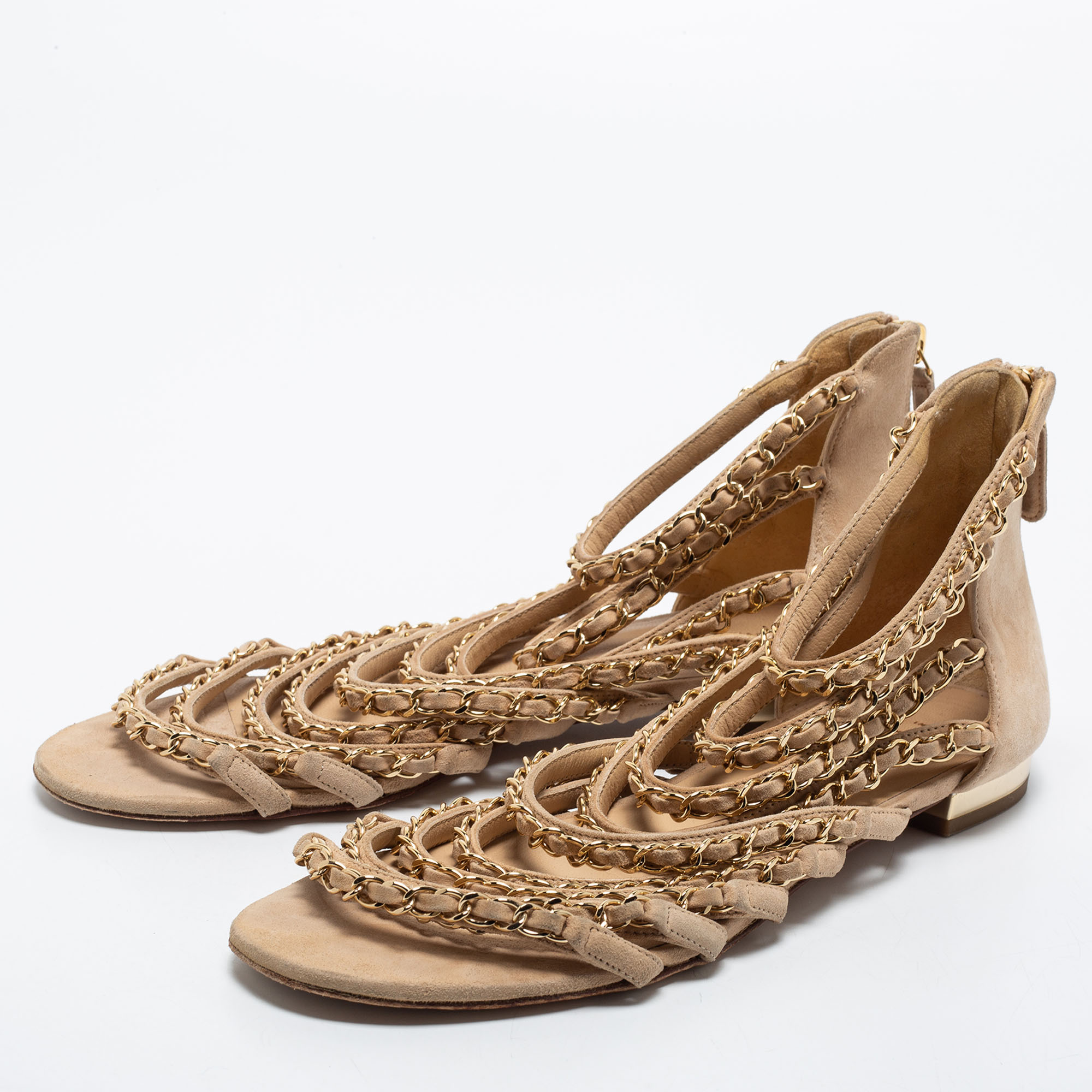 

Chanel Beige Suede Chain Strappy Flat Sandals Size