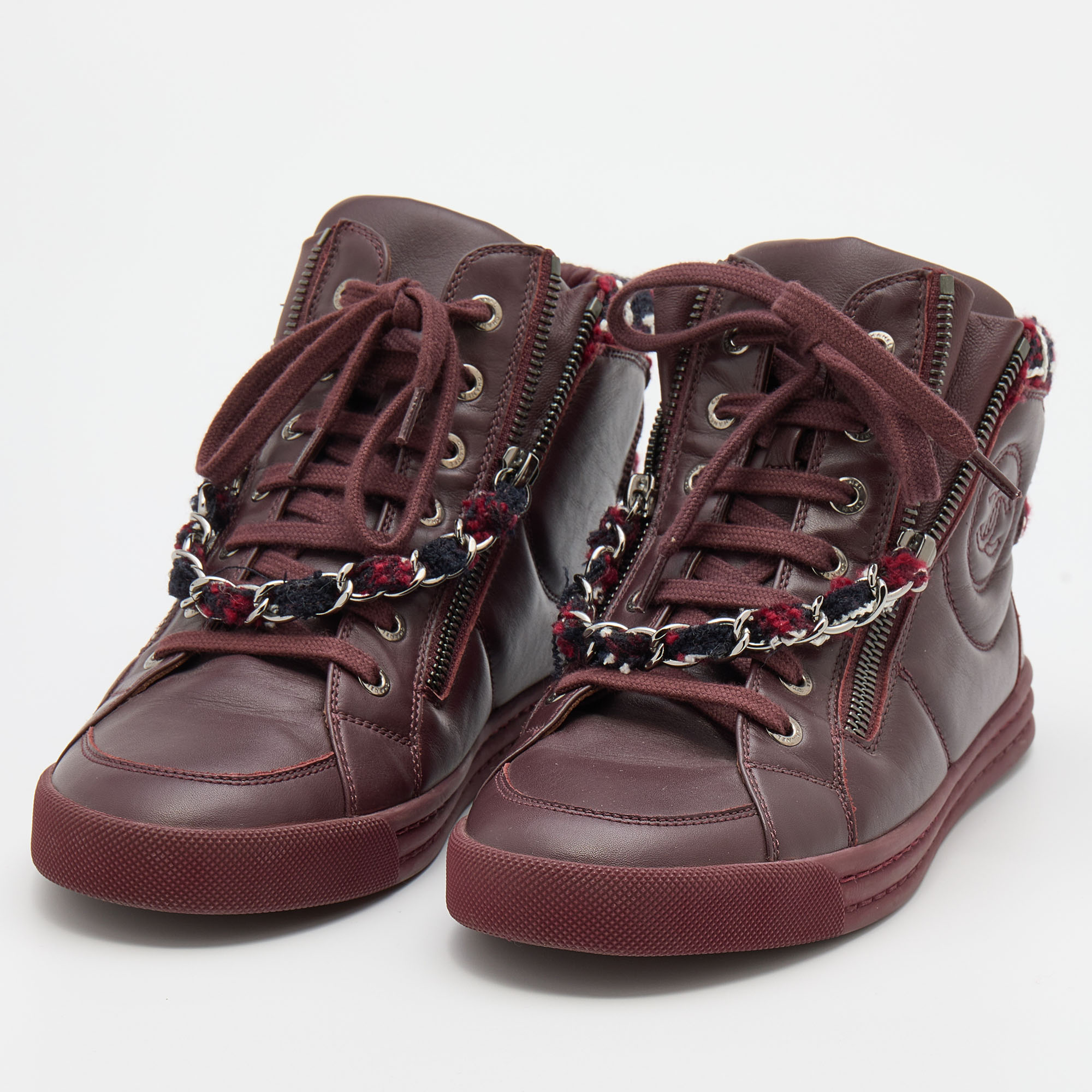 

Chanel Burgundy Leather and Twee CC High Top Sneakers Size