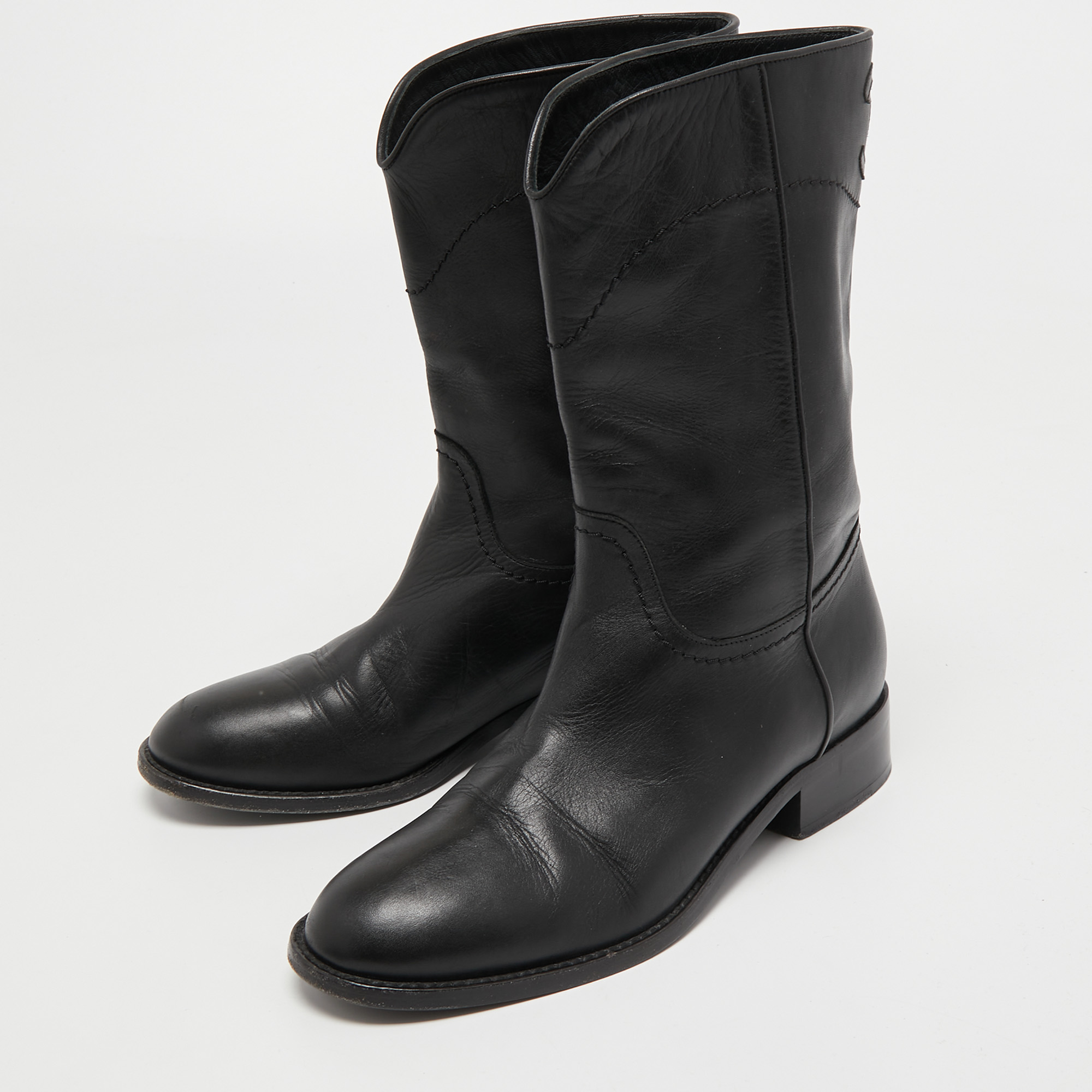 

Chanel Black Leather Calf Length Boots Size