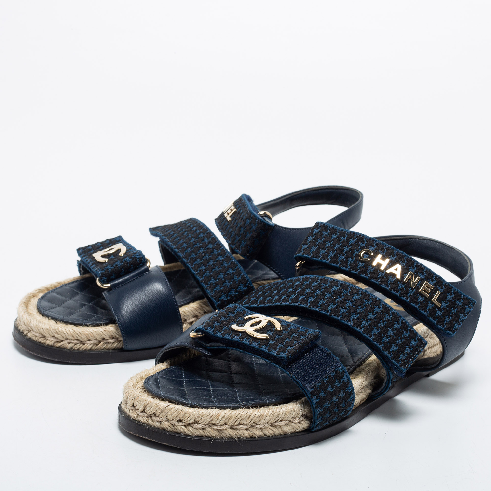 

Chanel Blue/Black Leather and Fabric CC Slingback Sandals Size