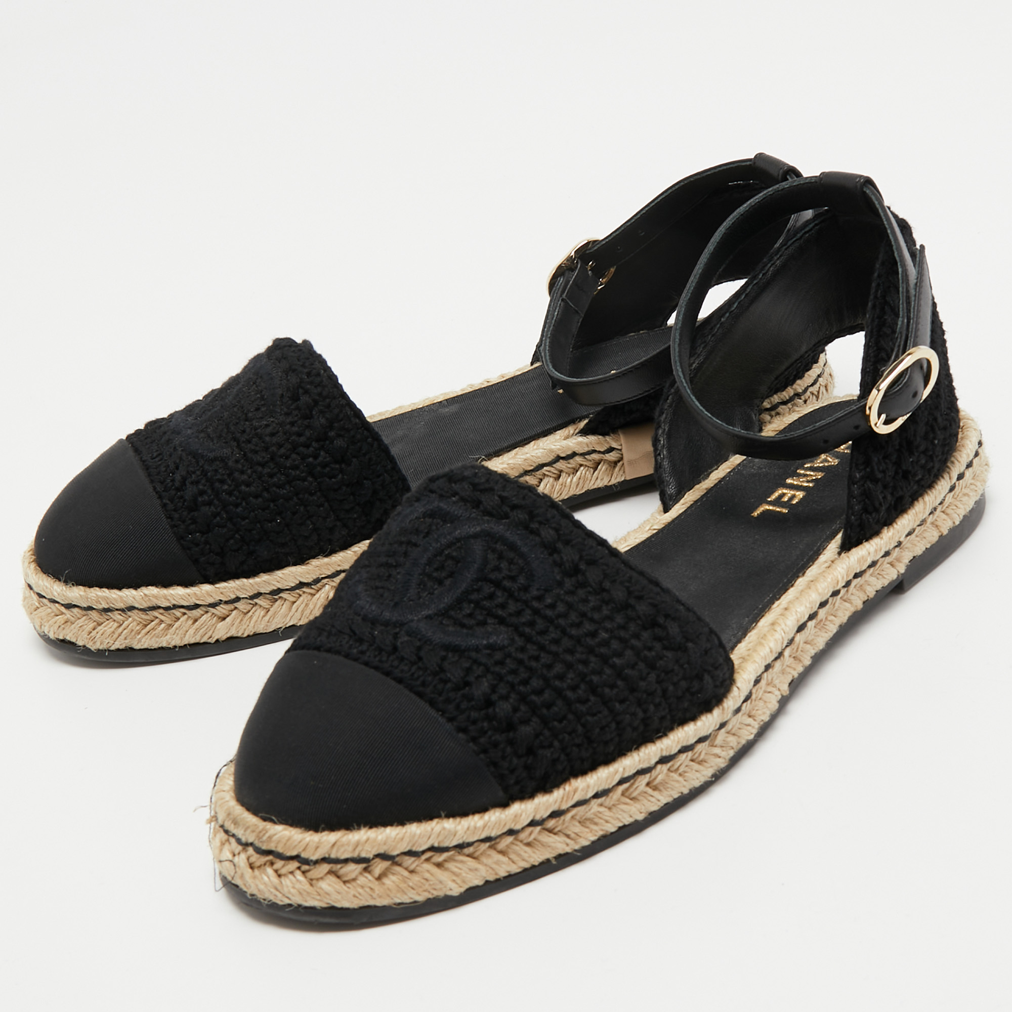 

Chanel Black Knit Fabric and Canvas Interlocking CC Logo Espadrille Flats Size