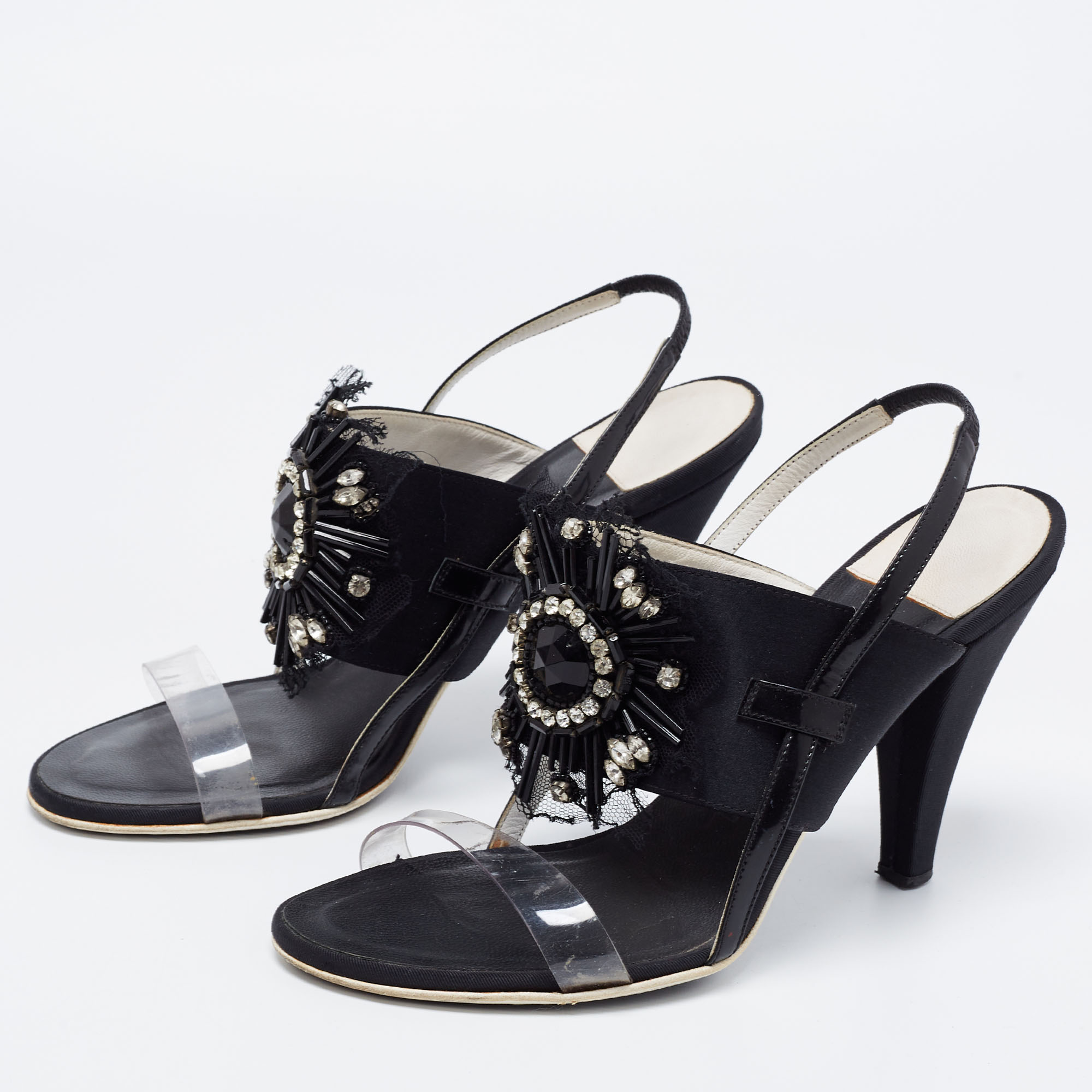 

Chanel Black Satin And PVC Embellished Slingback Sandals Size