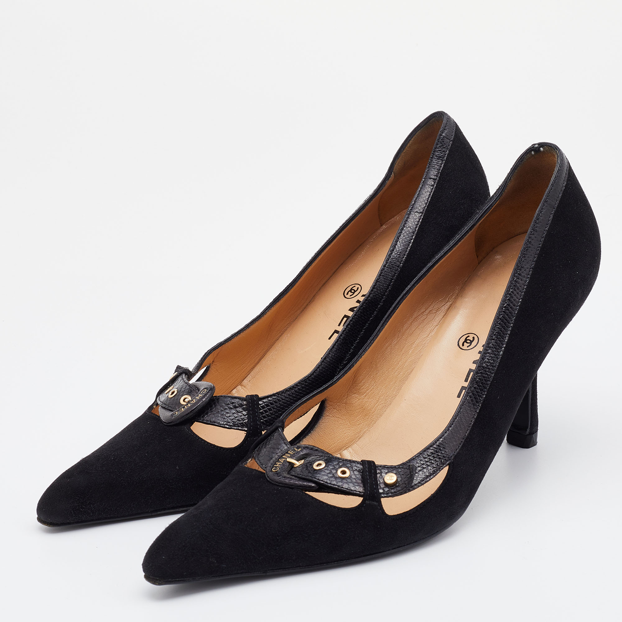 

Chanel Vintage Black Suede and Karung Buckle Pumps Size