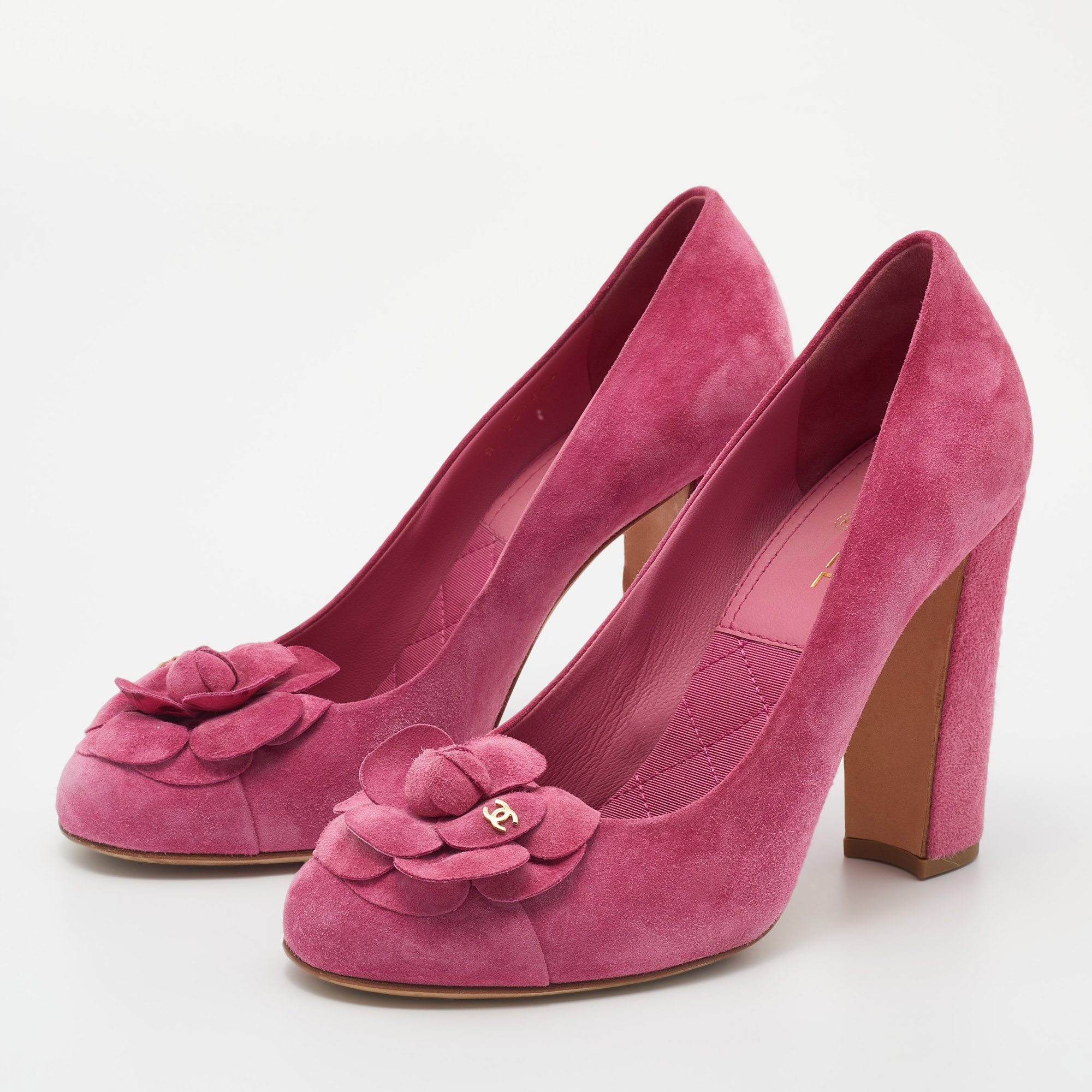 

Chanel Pink Suede Camellia CC Block Heel Pumps Size