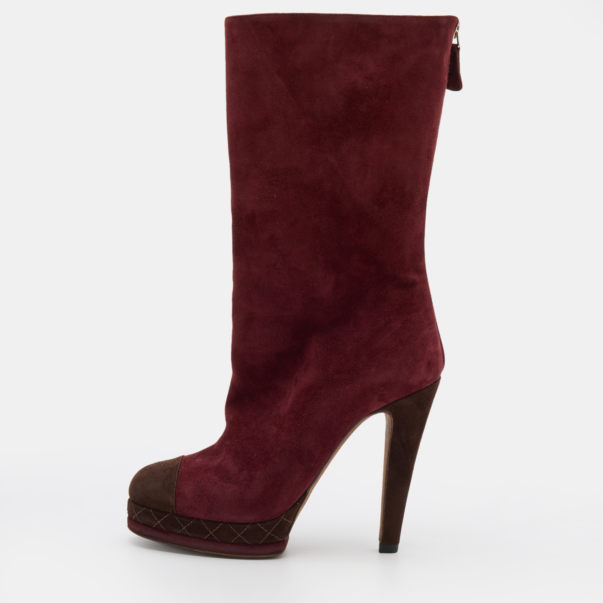 Pre-owned Chanel Burgundy/brown Suede Cc Platform Mid Calf Length Boots Size 38.5