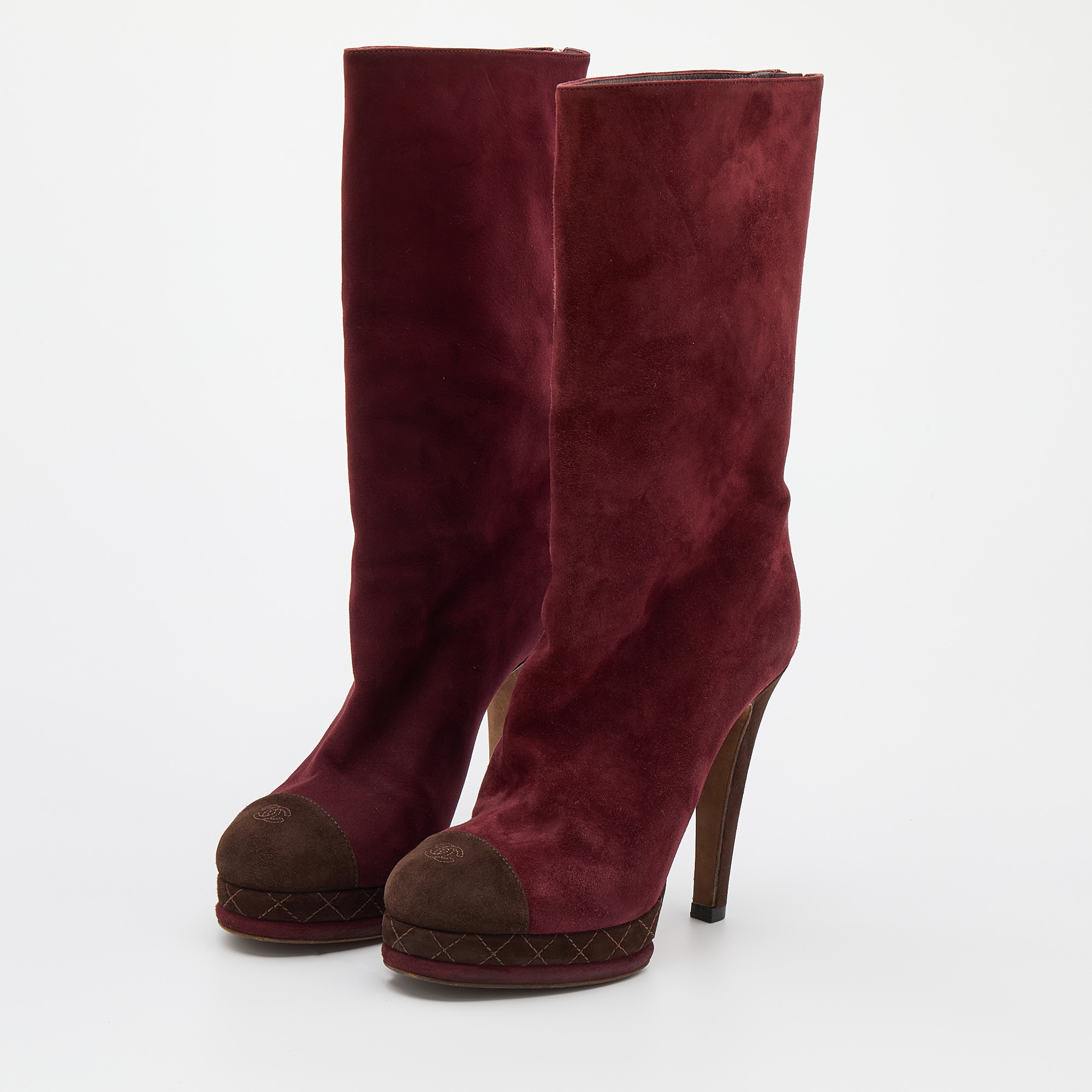 

Chanel Burgundy/Brown Suede CC Platform Mid Calf Length Boots Size