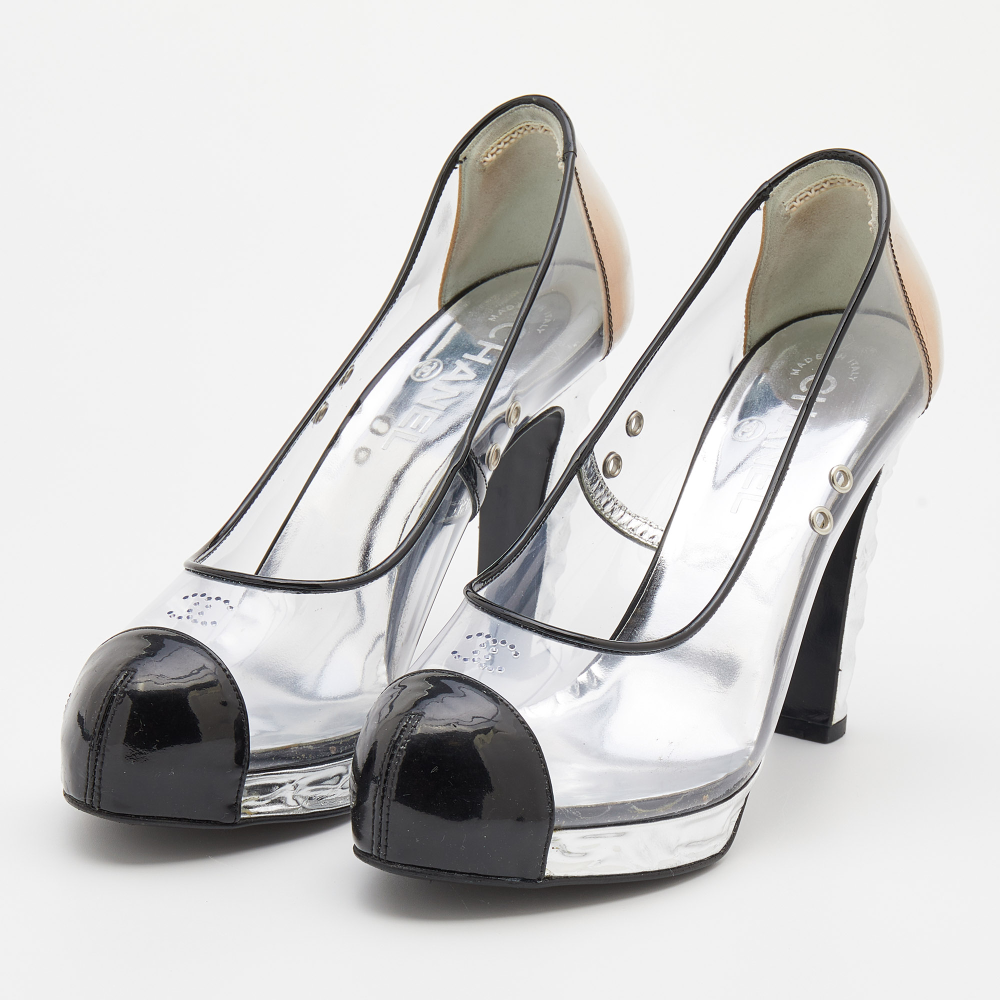 

Chanel Black/Transparent Patent Leather and PVC CC Cap Toe Pumps Size