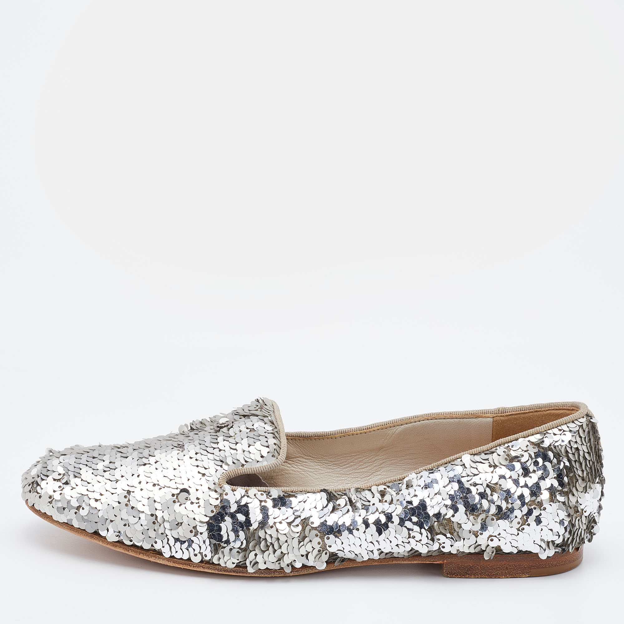Pre-owned Chanel Silver Sequin Cc Smoking Slippers Size 38.5