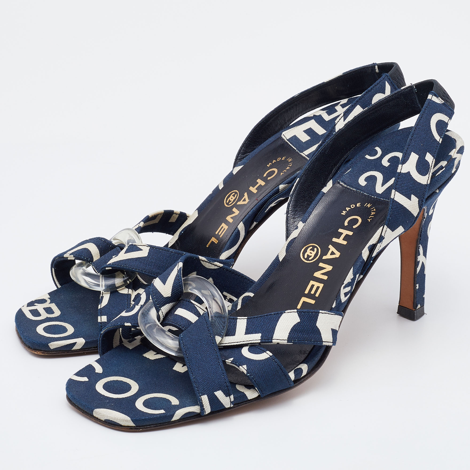 

Chanel Blue/White Printed Canvas Slingback Sandals Size