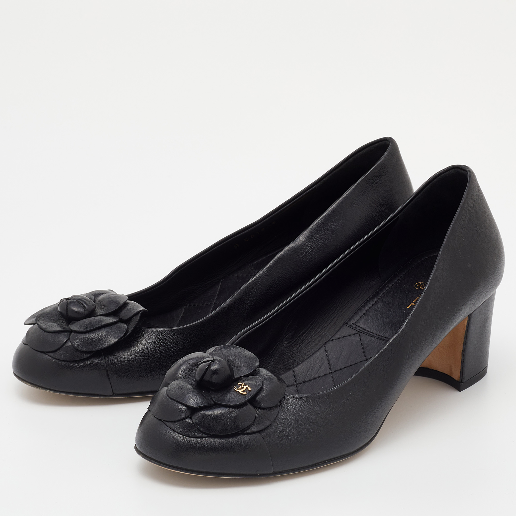 

Chanel Black Leather Camelia Block Heel Pumps Size