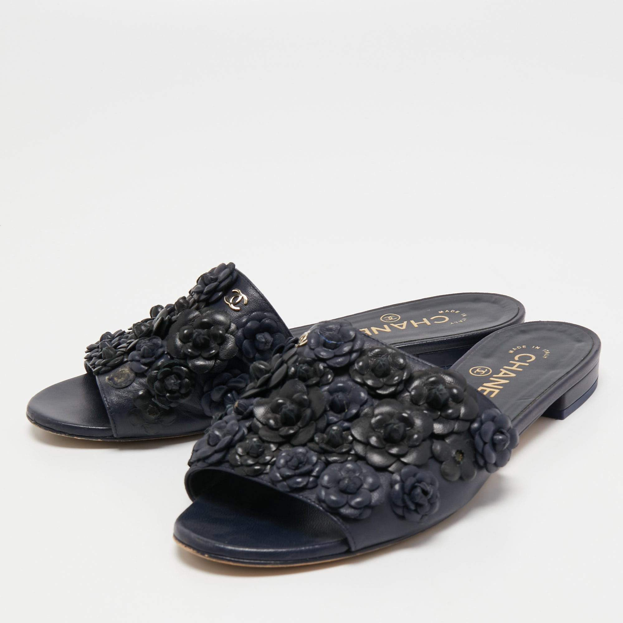 

Chanel Navy Blue Leather Camelia Flat Slides Size
