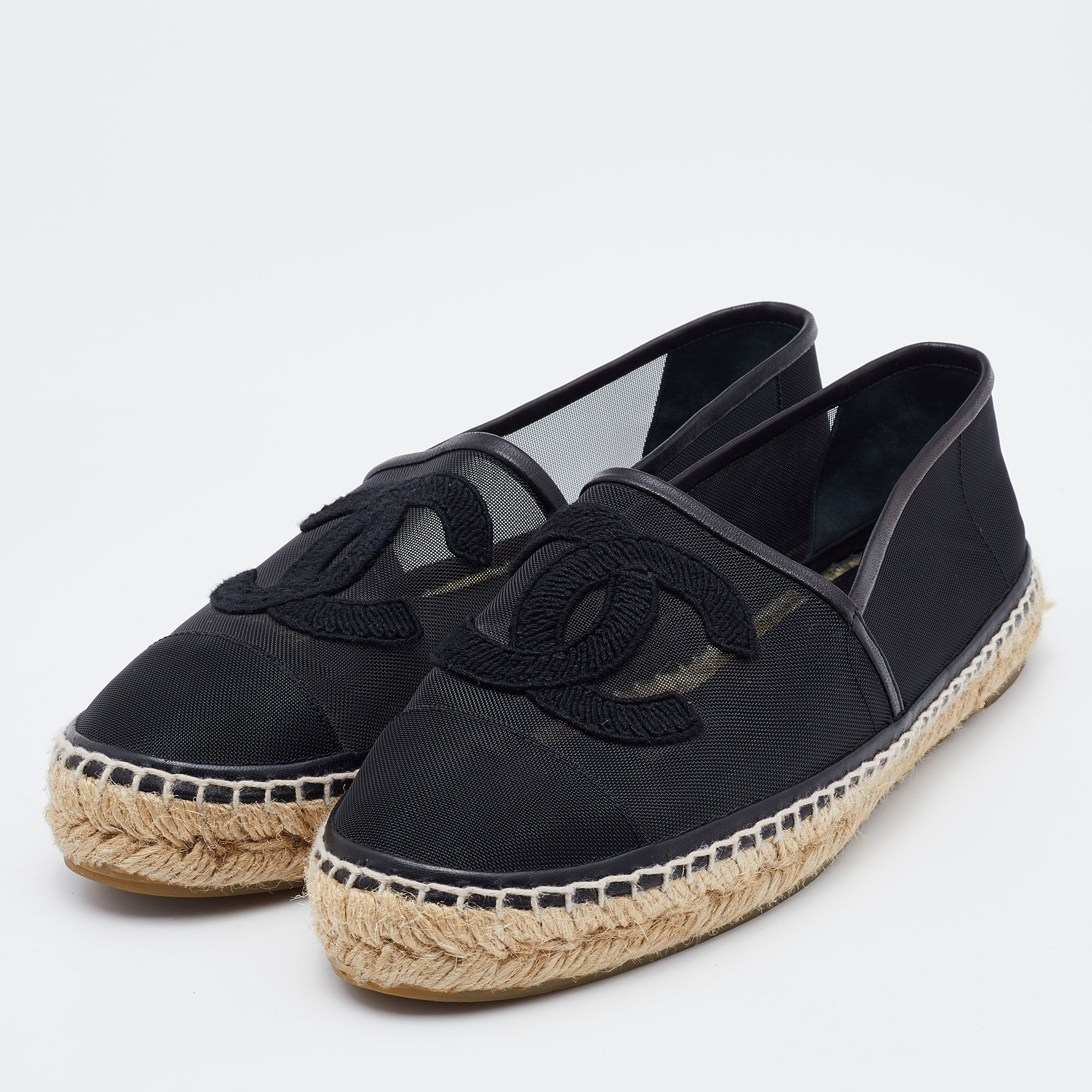 

Chanel Black Mesh and Leather Interlocking CC Logo Espadrille Flats Size