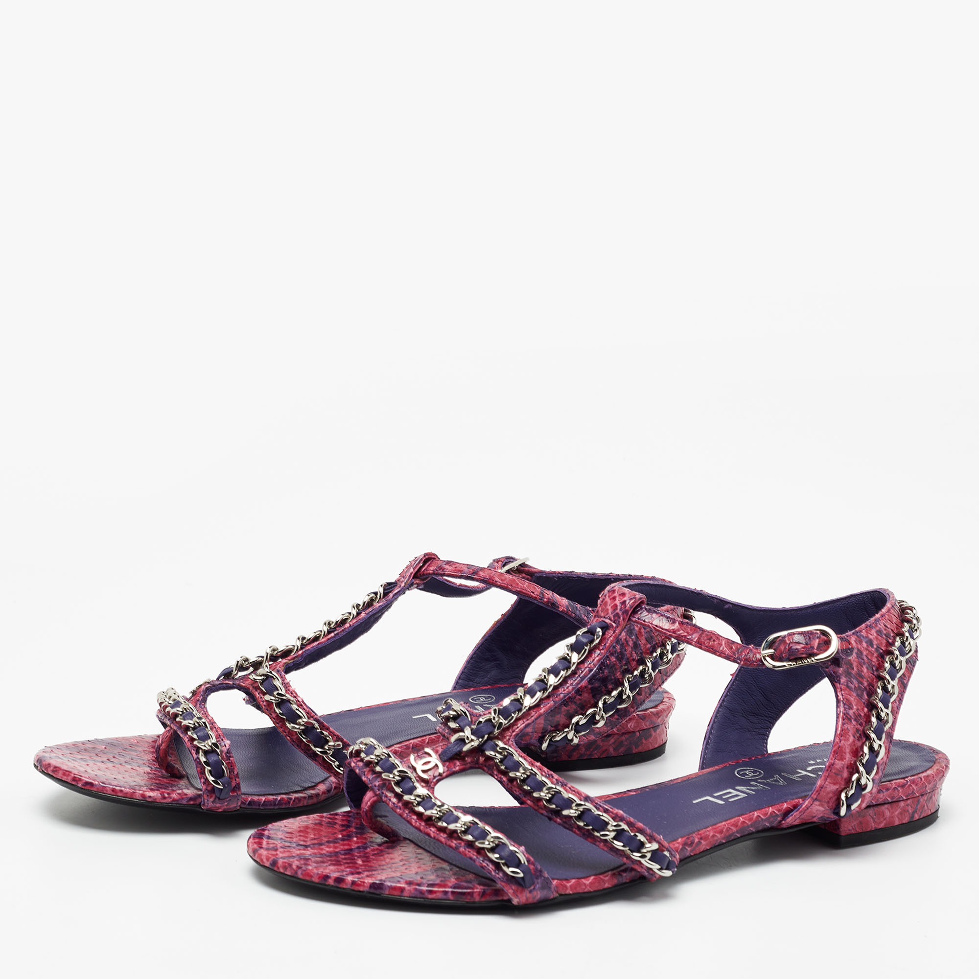 

Chanel Pink/Purple Python Chain Detail Strappy Flat Sandals Size