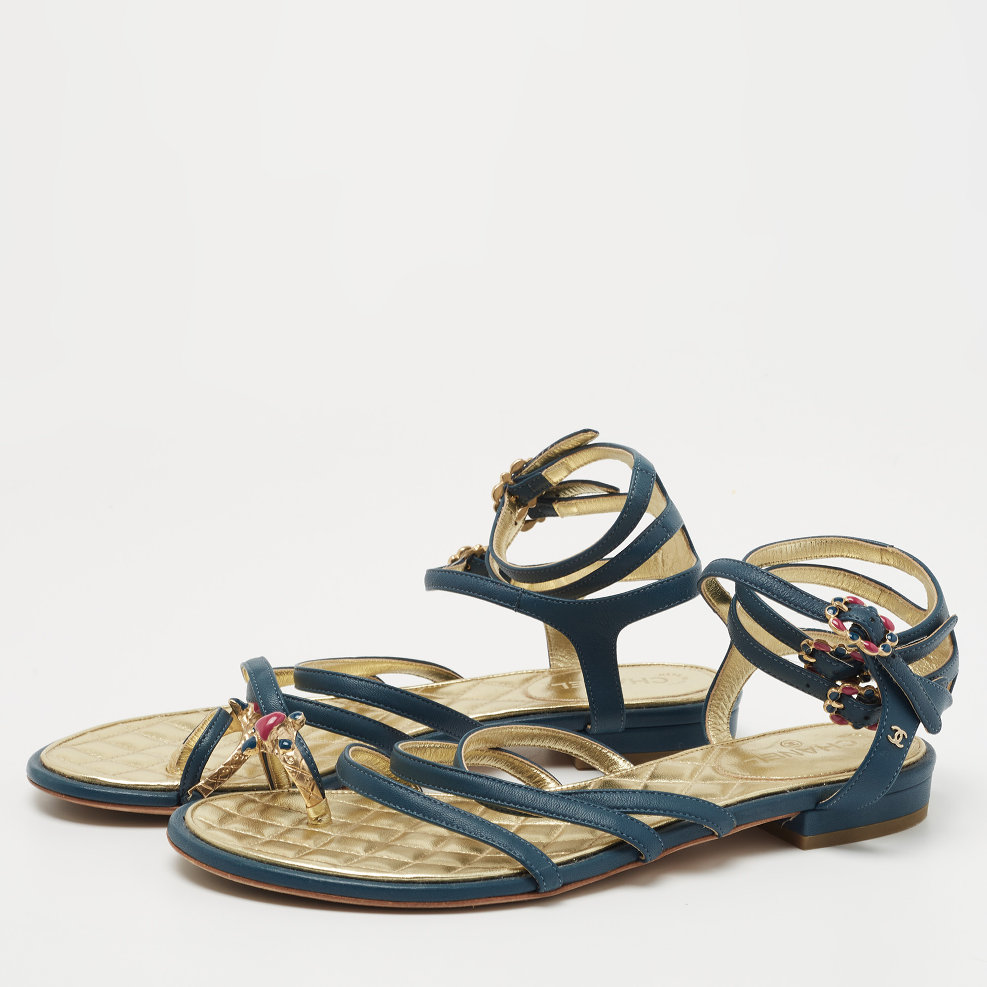 

Chanel Blue Leather Interlocking CC Logo Ankle Strap Sandals Size