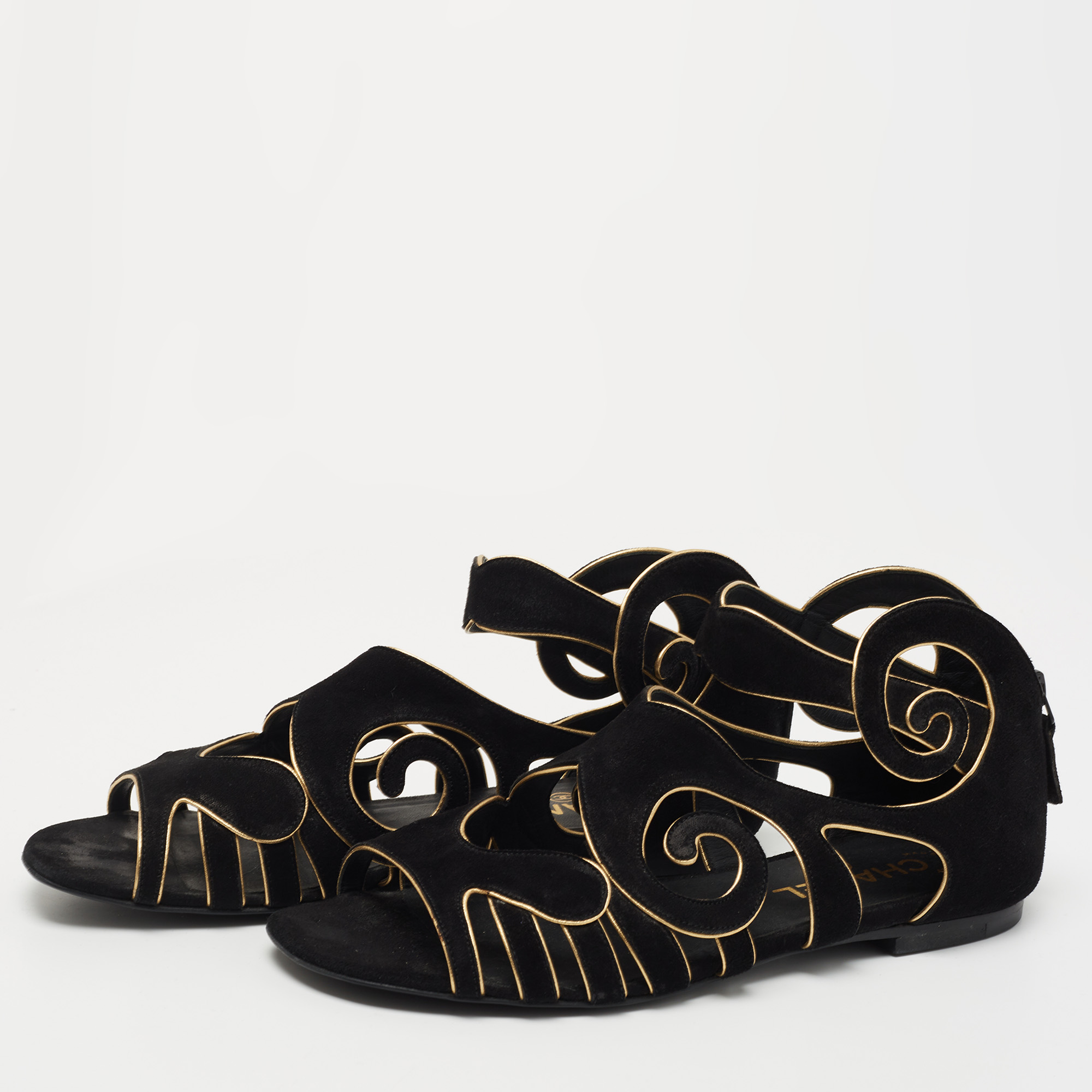 

Chanel Black/Gold Suede Caged Flat Sandals Size