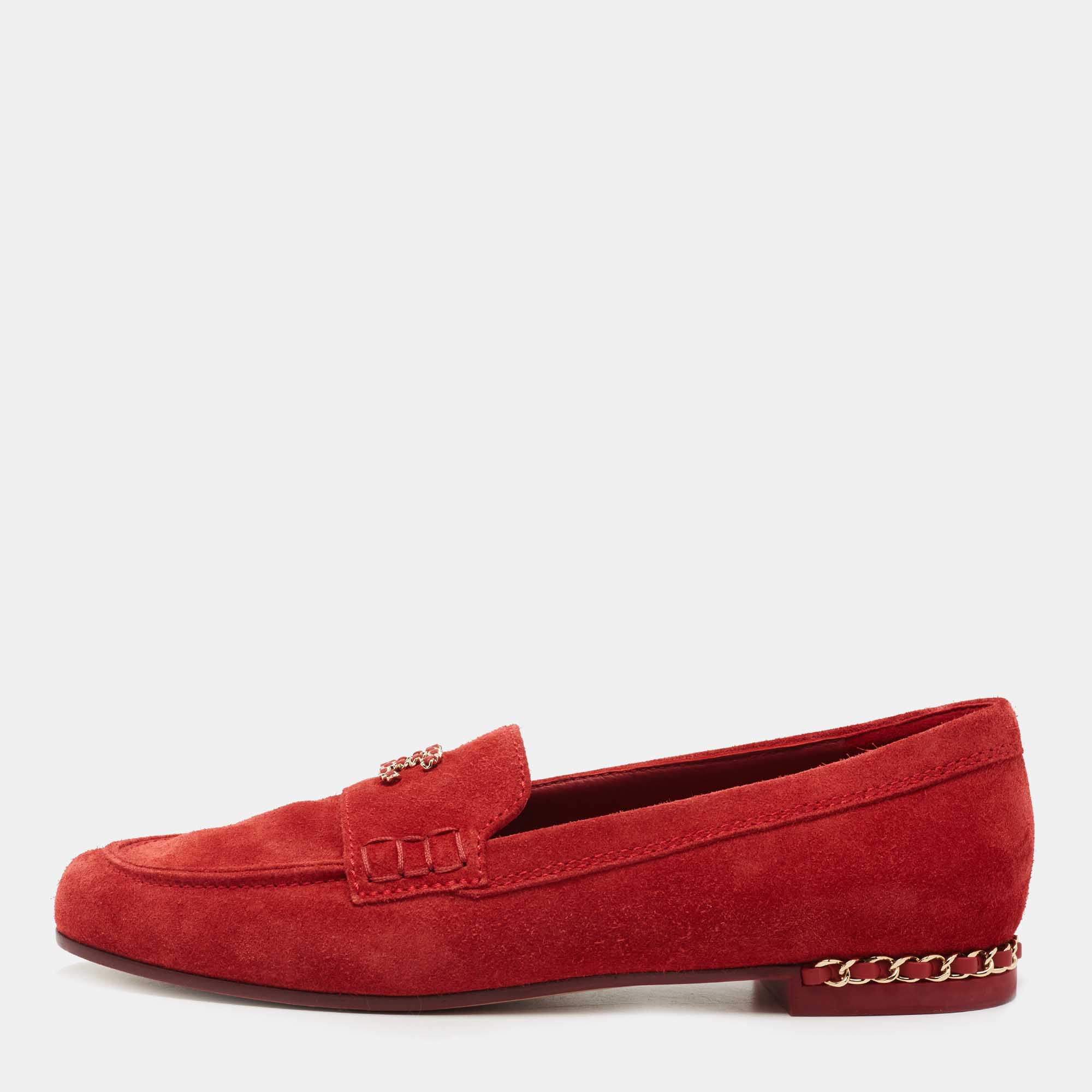 Pre Owned Chanel Red Suede CC Chain Loafers Size 39